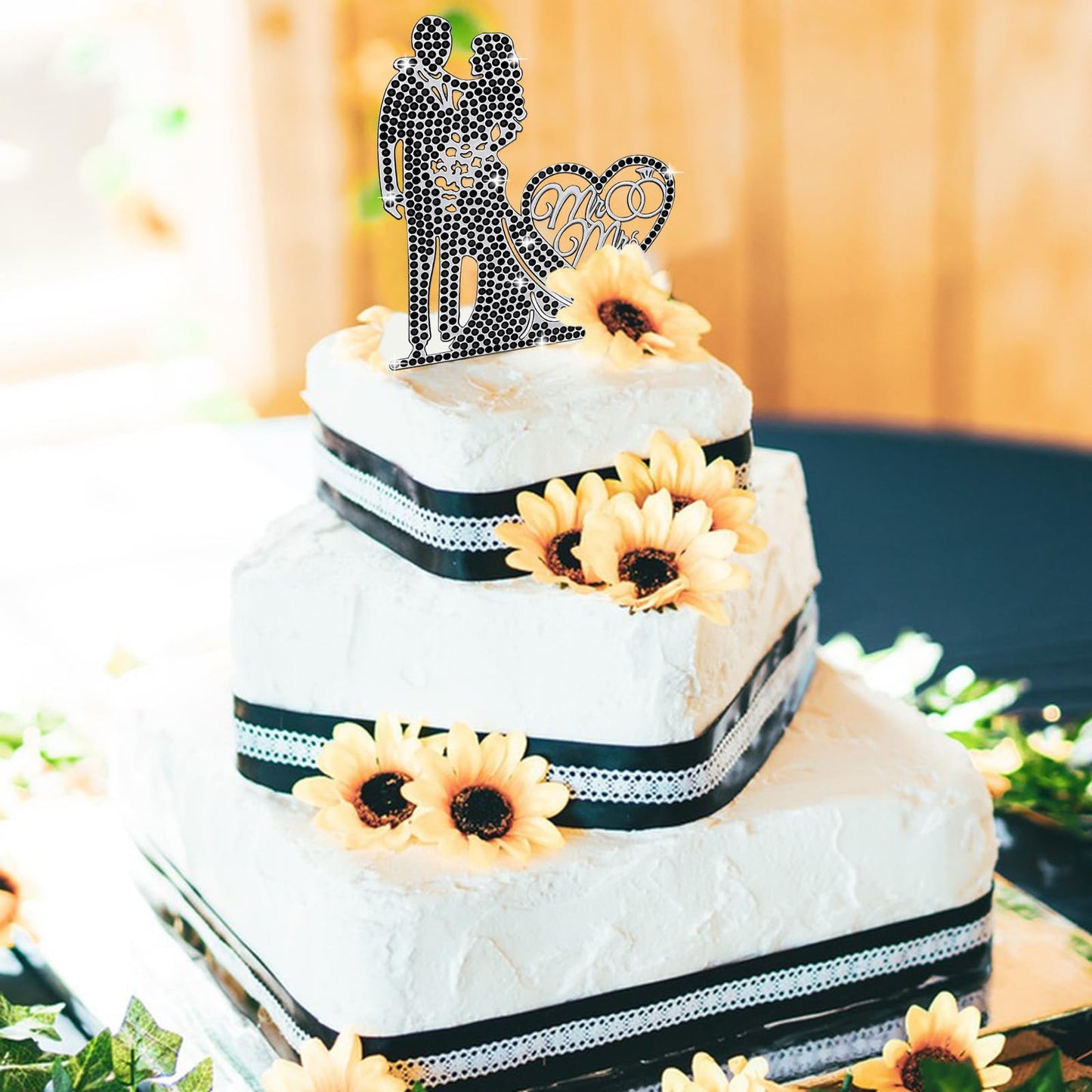 Jaciya Mr And Mrs Cake Topper With Black Rhinestone Bride And Groom, Black Wedding Decorations