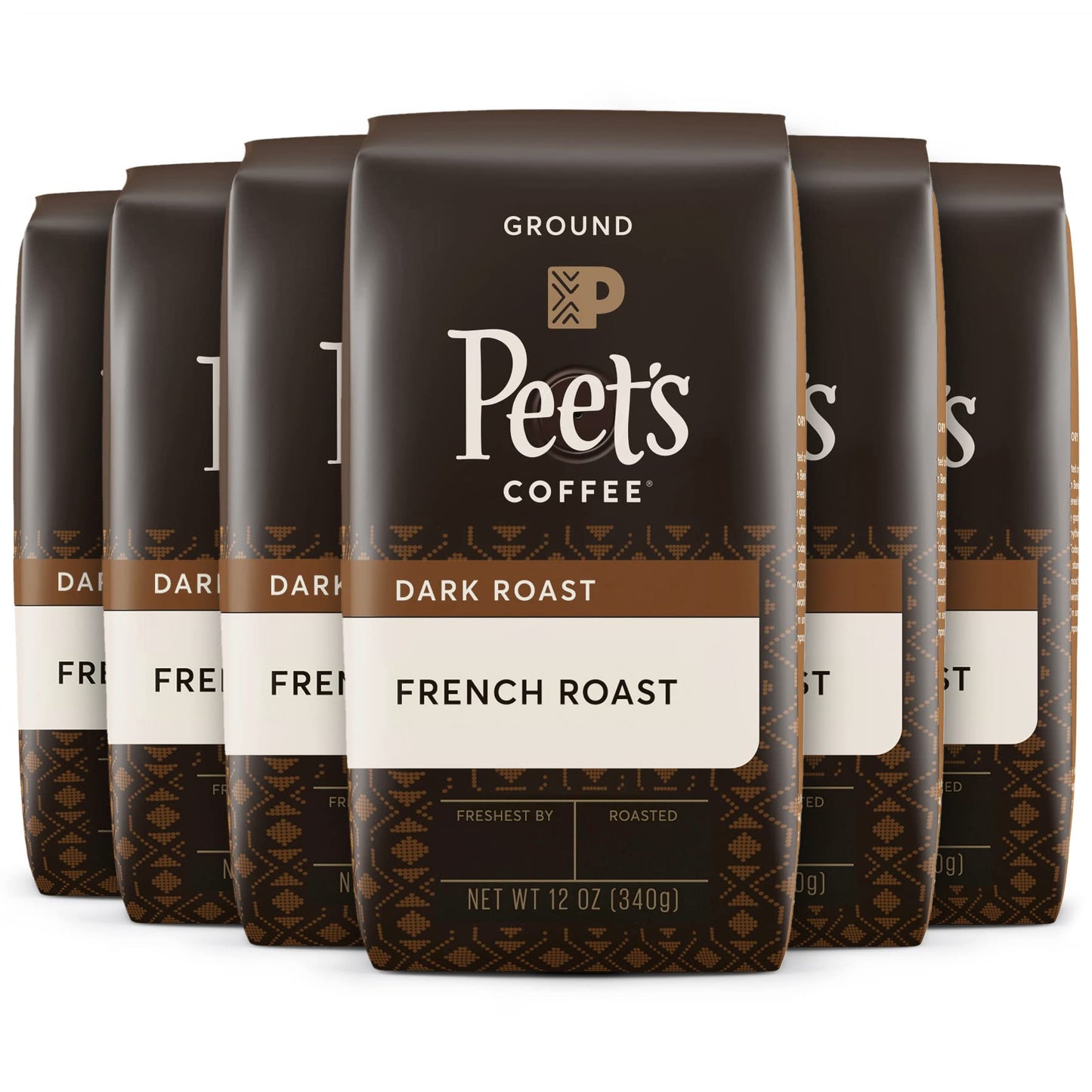 Peets Coffee Dark Roast Ground Coffee, French Roast, 72 Ounces (6 x 12 Ounce Bags), Brown Coffee Grounds