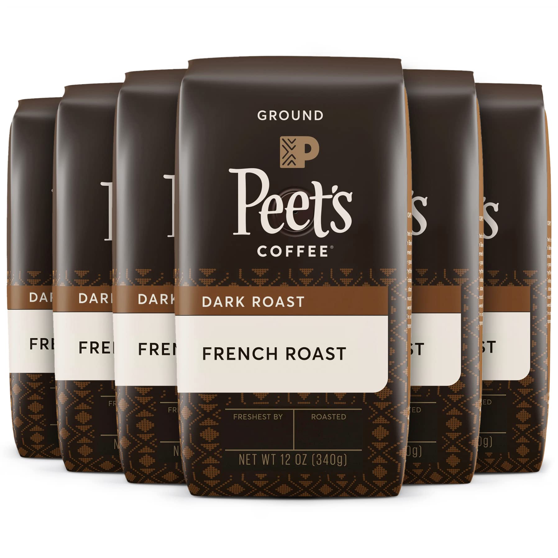 Peets Coffee Dark Roast Ground Coffee, French Roast, 72 Ounces (6 x 12 Ounce Bags), Brown Coffee Grounds