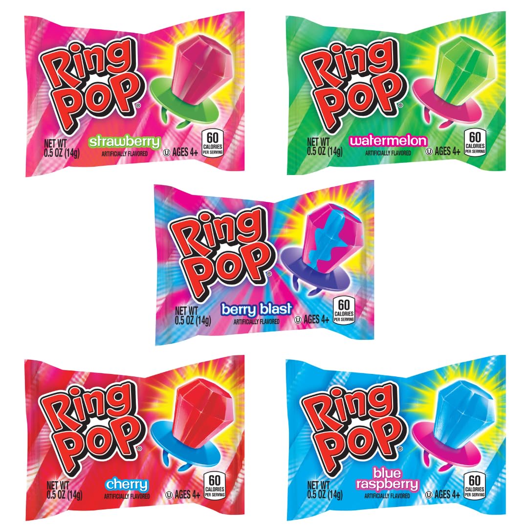 Ring Pop Individually Wrapped Bulk Lollipop Variety Party Pack - 24 Count Lollipop Suckers w/ Assorted Flavors - Fun Candy for H