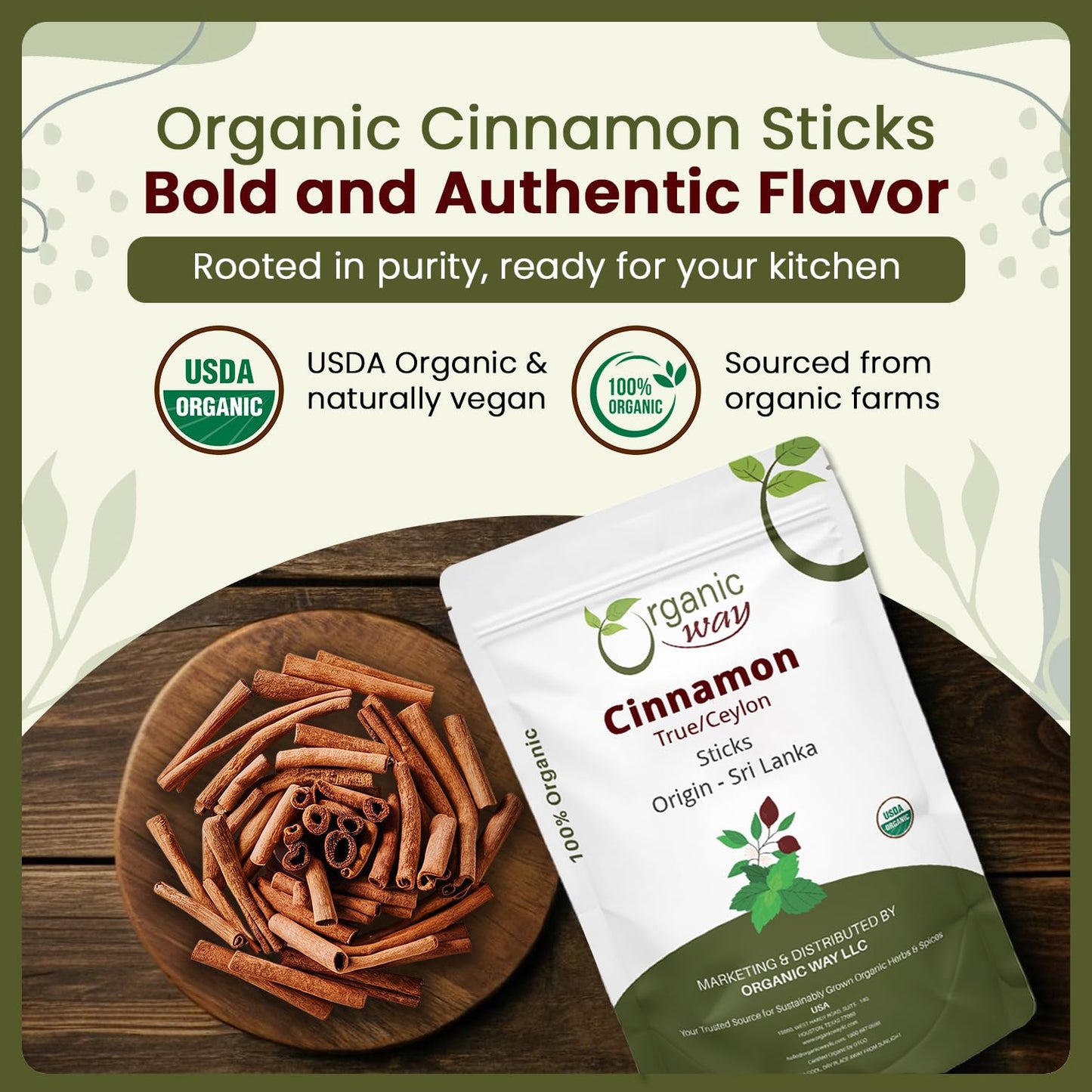 Organic Way True Ceylon Cinnamon Sticks (Cinnamomum Verum) - Organic & Kosher Certified | Raw, Vegan, Non Gmo & Gluten Free | Usda Certified | Origin - Sri Lanka (1/4Lbs / 4Oz)