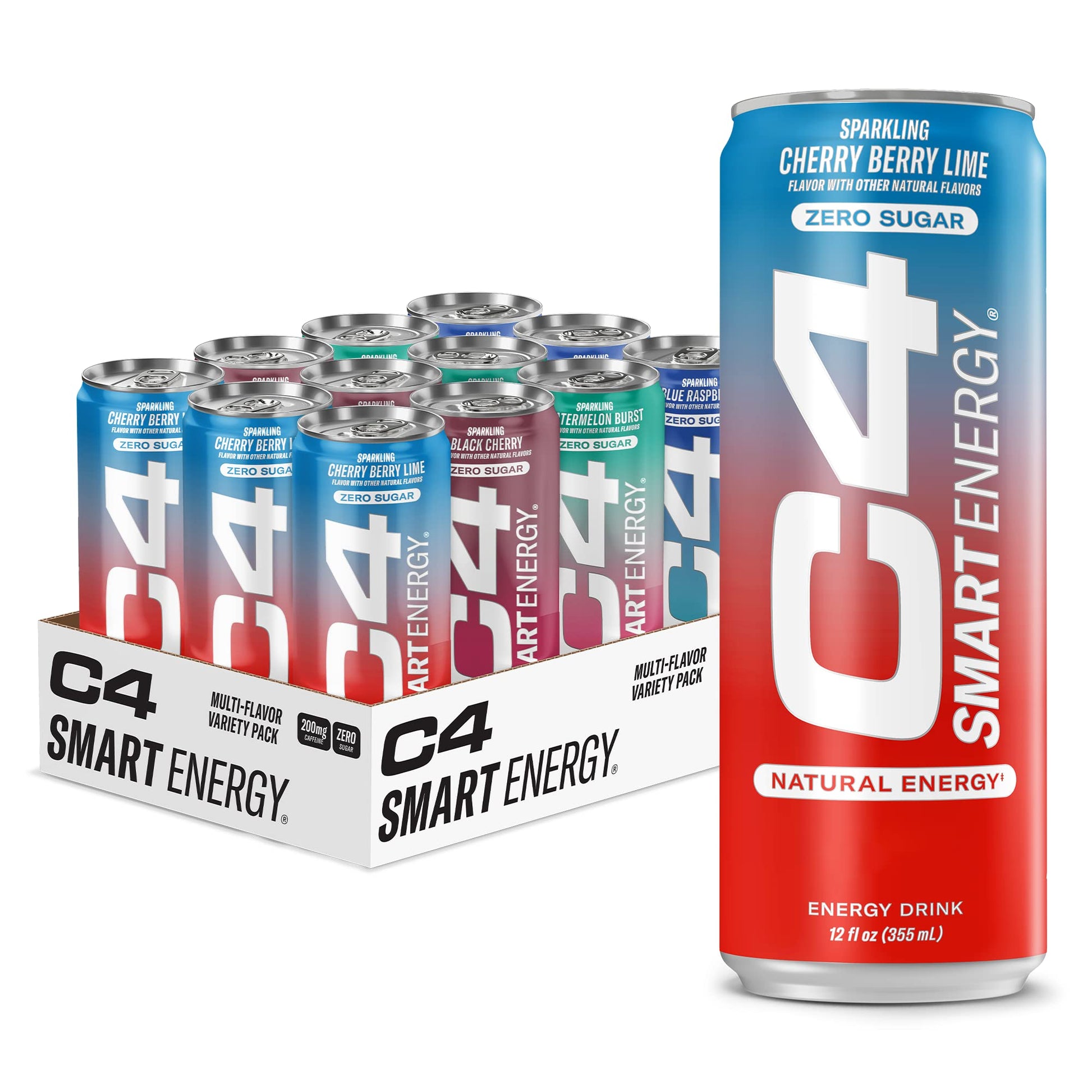 Cellucor C4 Smart Energy Drinks Variety Pack, Sugar Free, 12 Fl Oz, 12 Pack, 4 Flavor Berry Breeze