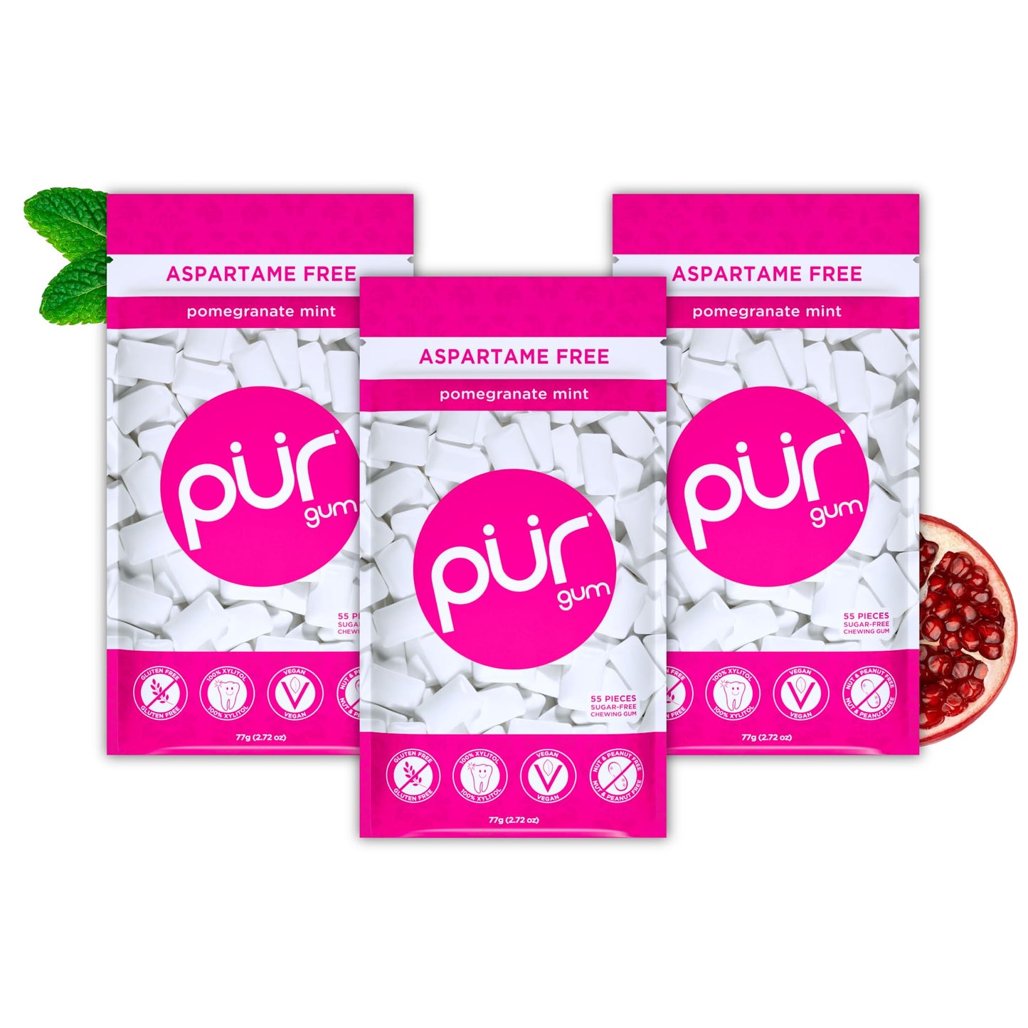 Pur Gum | Aspartame Free Chewing Gum | 100% Xylitol | Natural Pomegranate Mint Flavored Gum, 55 Pieces (Pack Of 3)