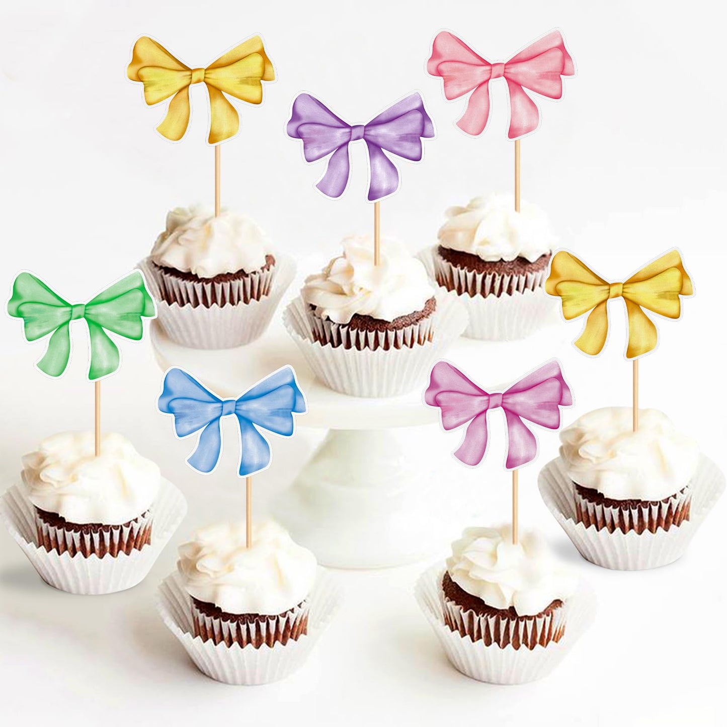 24 Pack Bow Cupcake Toppers Bowknot Pink Purple Blue Yellow Green Mulitycolor Cupcake Picks Bridal Baby Shower Cake Dessert Pick