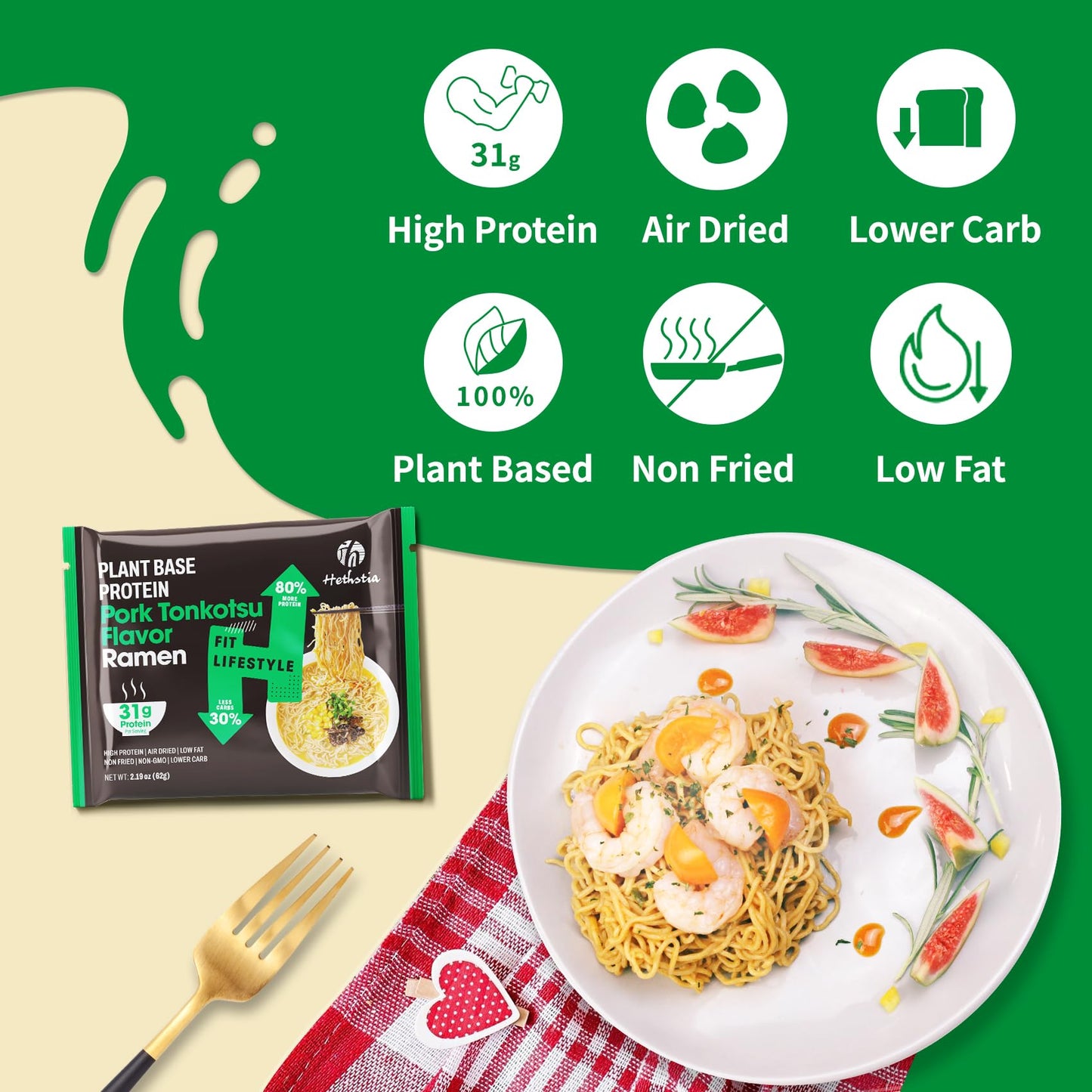 Hethstia High-Protein Ramen Soup, Tonkotsu Flavor, 6 Packs, 31g Plant-Based Protein, Vegan, Low Fat, Easy to Prepare