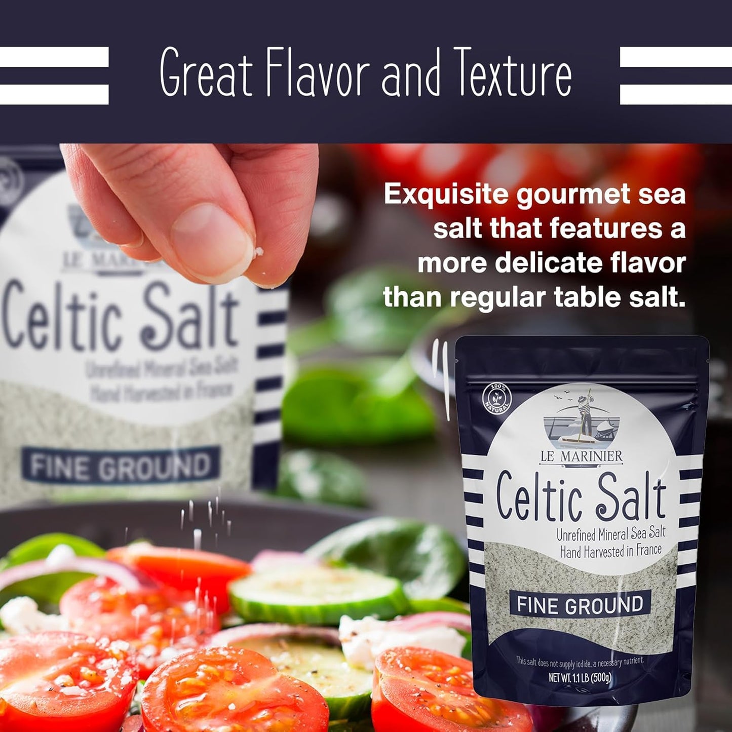 Le Marinier French Sea Salt Fine Ground Sea Salt, 1.1lb - 18oz, Pack of 2. Mineral Rich Unrefined French Sea Salt 100% Natural,