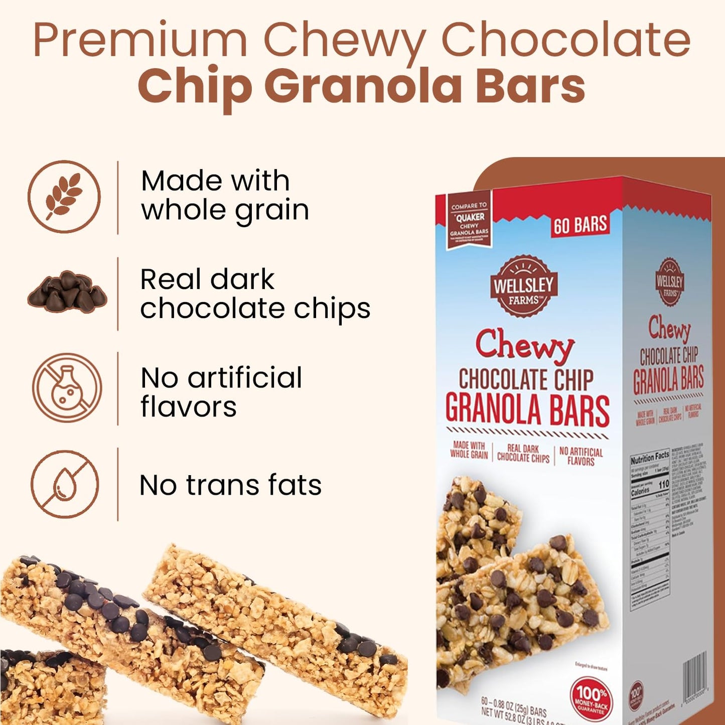 Wellsley Farms Chewy Chocolate Chip Granola Bars - No High-Fructose Corn Syrup - Vegetarian - Whole Grain Granola Bars - 110 Cal