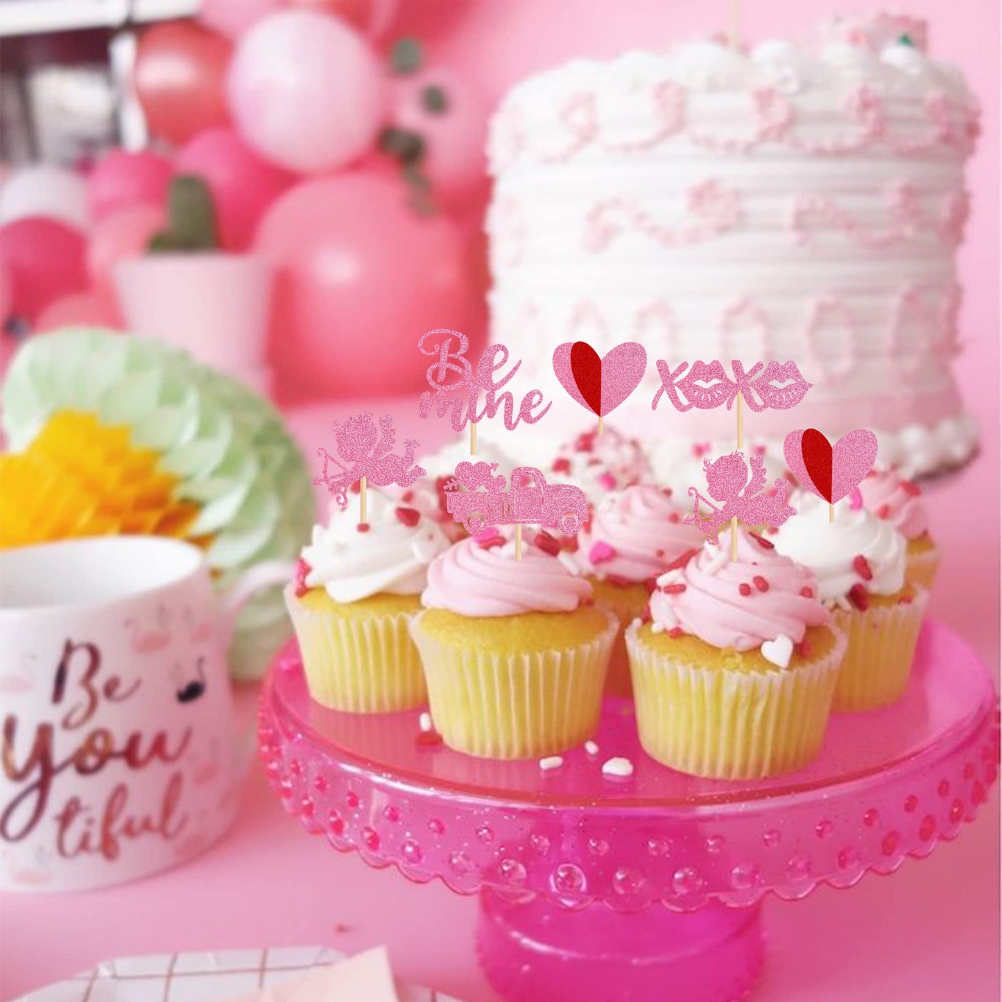 30 Pcs Valentine'S Day Cupcake Toppers Glitter Double Layers Love Heart Car Cupid Be Mine Cupcake Picks Decorations For Valentin