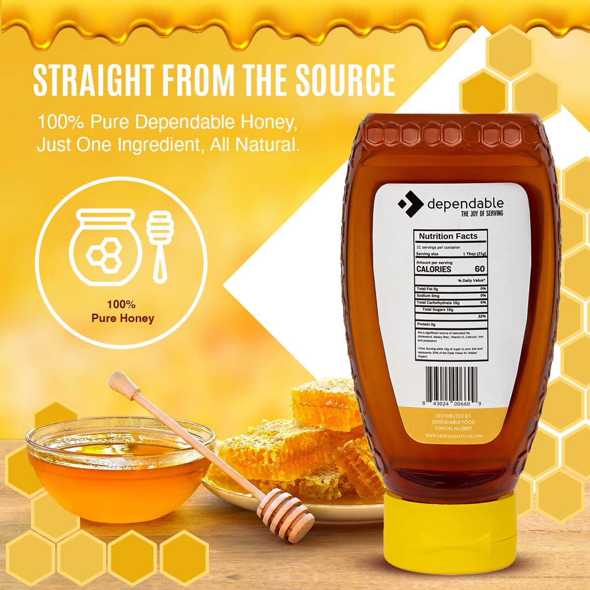 Dependable Food Raw Honey - 16 Oz. Squeeze Bottle - 100% Pure, Raw, All Natural, Wildflower Honey - Hive To Bottle