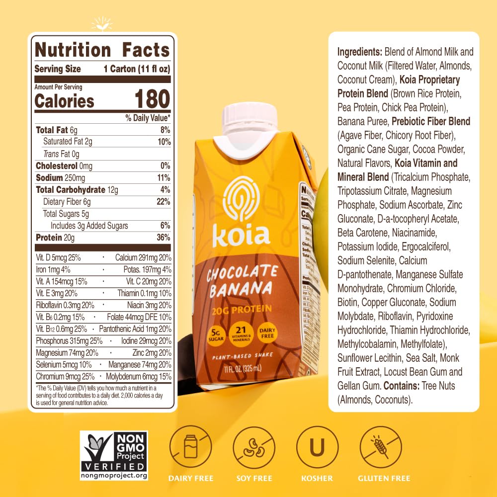 Koia Plant Based Protein Shake - Chocolate Banana - 20g Protein, 5g Sugar - 11 fl oz, Pack of 12 - Dairy Free, Non-GMO