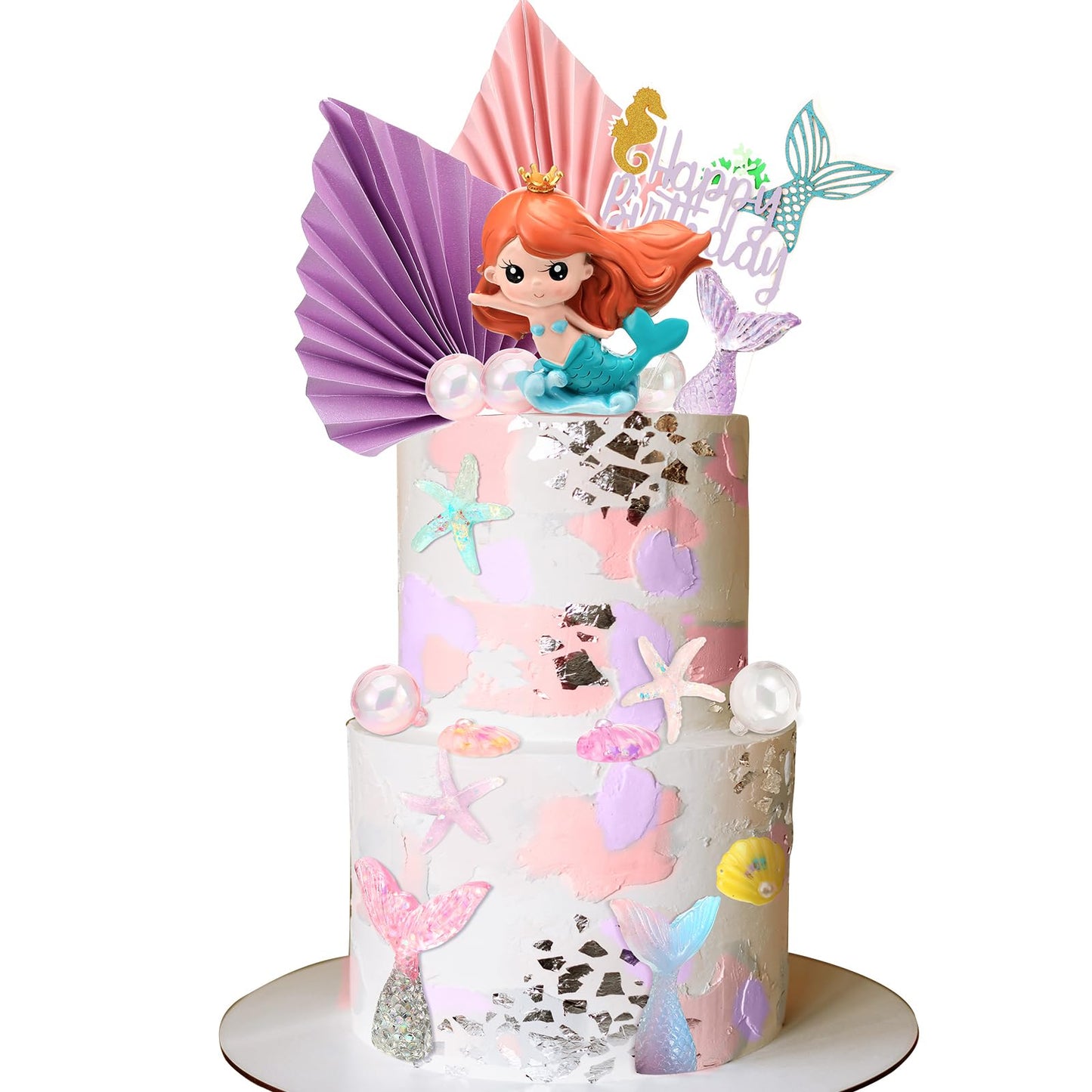 25 Pcs Mermaid Under The Sea Cake Toppers Kit With Little Resin 3D Mermaid Seaweed Palm Leaves Bubble Starfish Shell Mermaid Tai