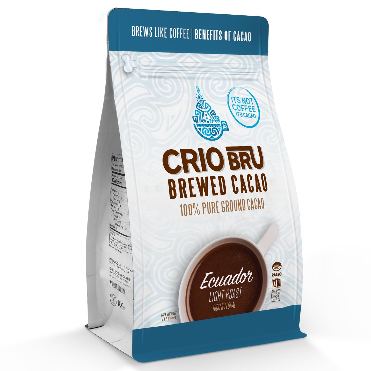 Crio Bru Ecuador Light Roast | Organic Healthy Brewed Cacao Drink | 99% Energy Blend Free Honest Energy | Brew And Enjoy Hot Or Iced (48Oz  Non-Organic)
