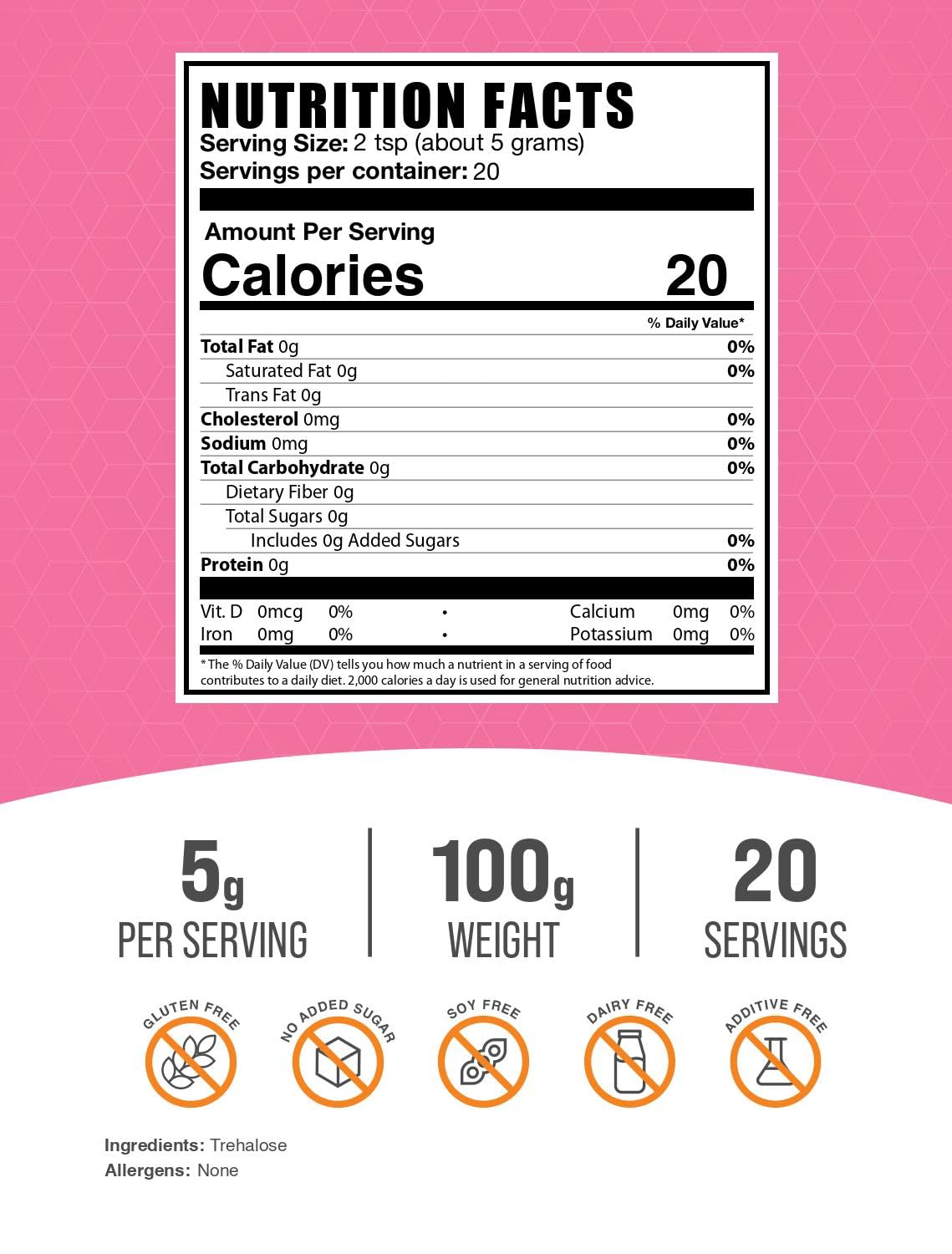 Bulkdietary products Trehalose Powder - Natural Sweetener, Vegan & Gluten Free, 100g (3.5 oz)