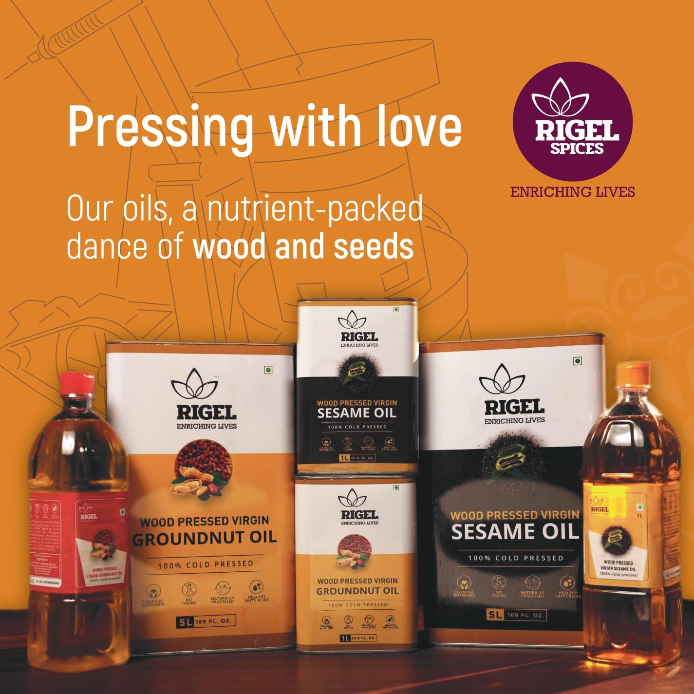 Rigel Spices | Naturally Milled Cold Pressed Peanut Oil 33.8 fl oz(1 L) | No Preservatives