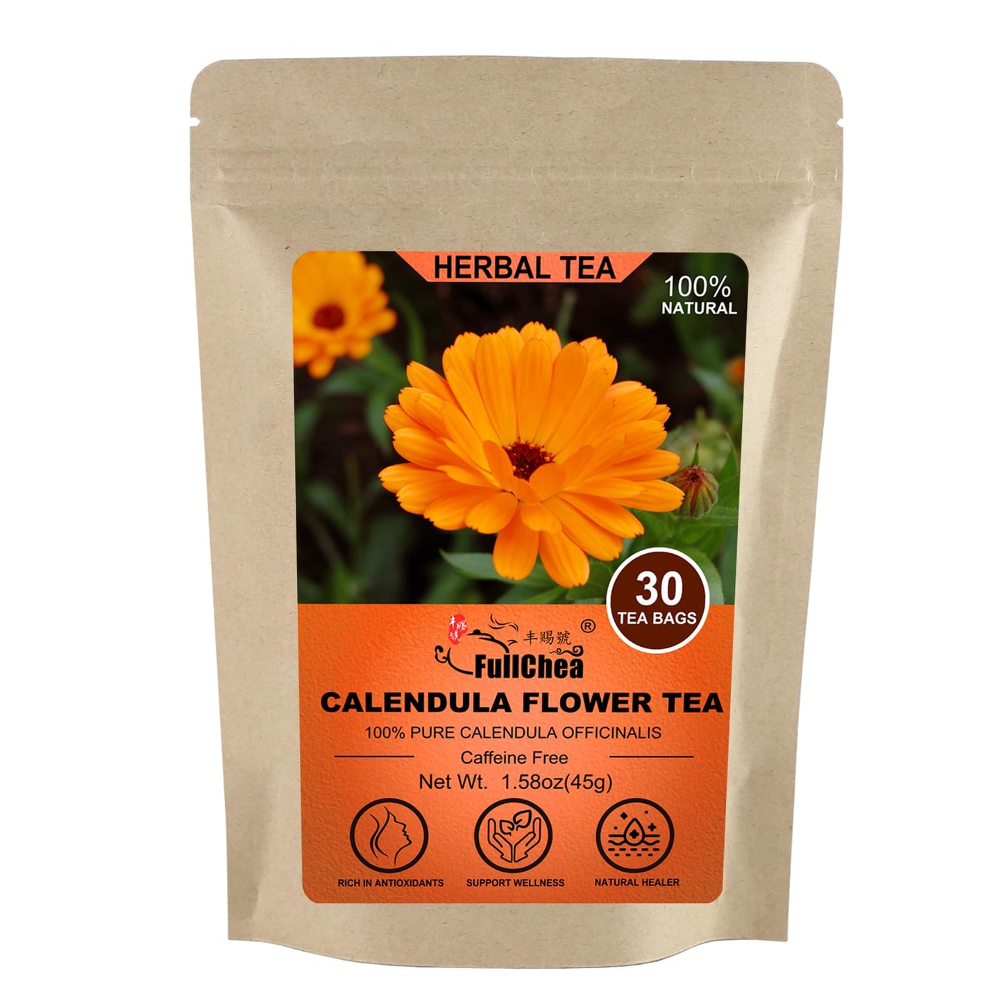 FullChea Dried Calendula Flowers Tea - 30 Teabags, Caffeine-Free, Non-GMO, Natural Herbs, 1.5g per Bag