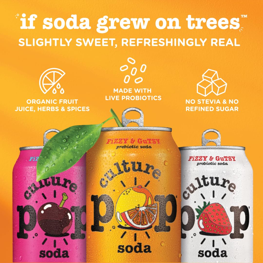 Culture Pop Soda  Most Loved Variety Pack  Probiotic Low Sugar Soda  Sparkling Juice Alternative  Non-GMO  Kosher  Gluten-Free  No Stevia (12pk)
