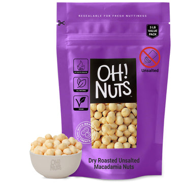 Oh! Nuts Macadamia Nuts - 3 lb - Dry Roasted Unsalted Macadamia Nuts - Oven Roasted - No Oil - Packed in New York Zip-Seal Bag for Exceptional Freshness