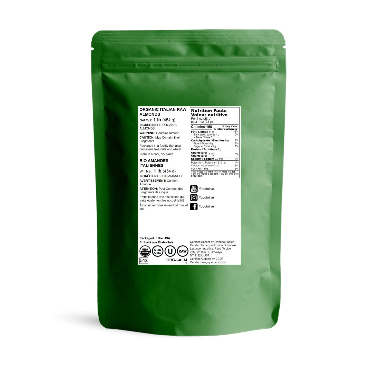 Raw Organic Almonds, 1 Pound - Non-Gmo, Whole, No Shell, Unpasteurized, Unsalted, Vegan, Kosher, Bulk. Keto-Friendly. Perfect Snack. Rich In Protein, Vitamin E. Great For Almond Milk, Desserts.