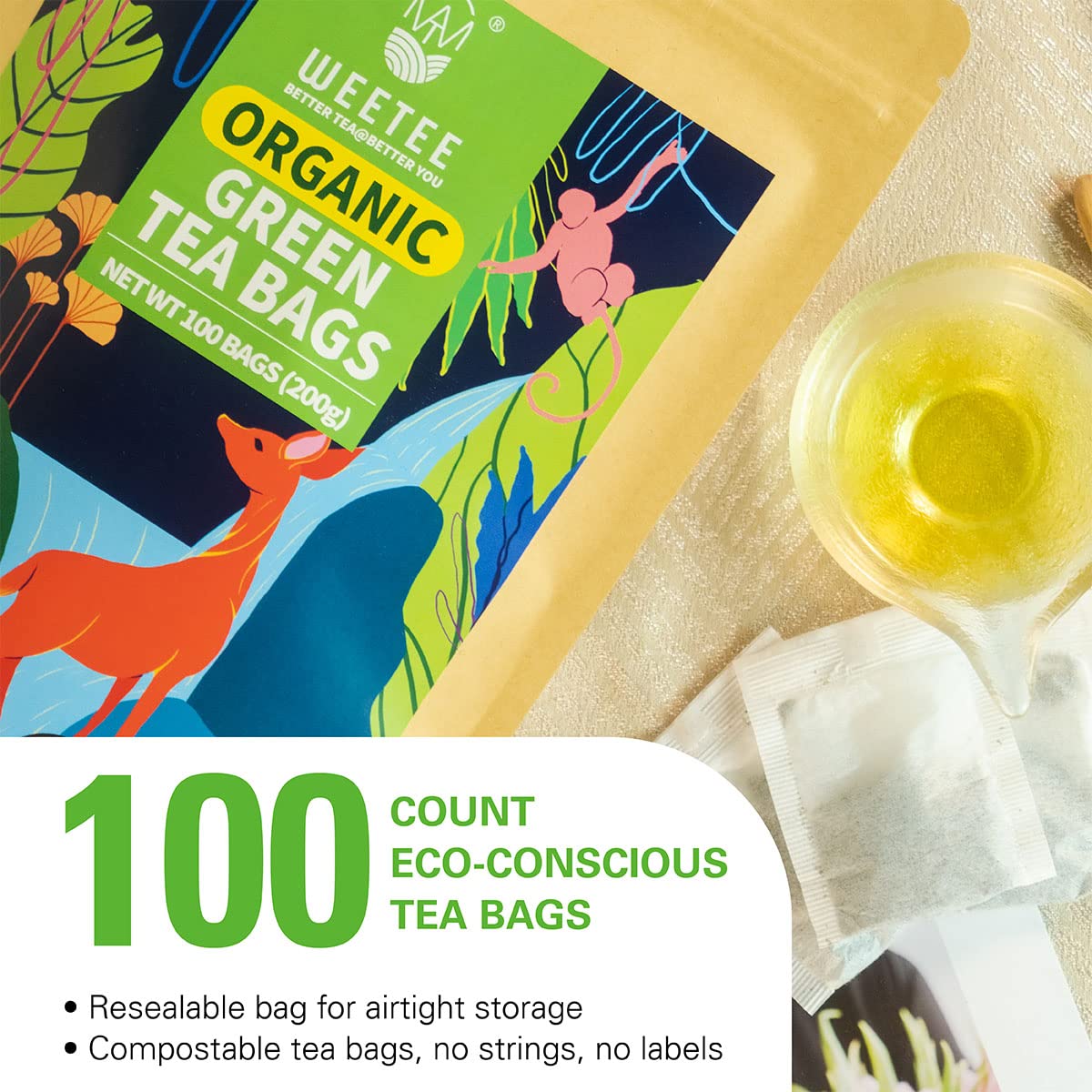 Wt Weetee Organic Green Tea Bags, Usda Organic Pure Green Tea 100 Count, Super Antioxidant | Resealable Kraft Bag | Brew Hot Or