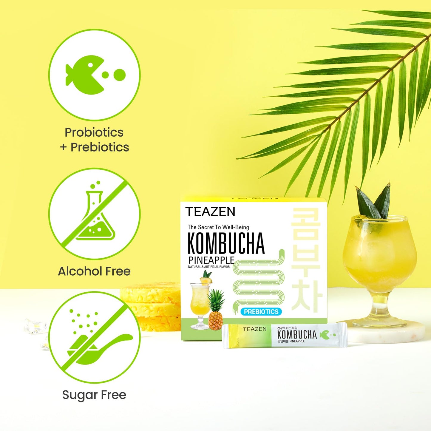 Teazen Pineapple Kombucha Tea, Hydration Drink Mix, Sugar Free, Live Probiotics & Prebiotics, 30 Sticks, 5.29Oz