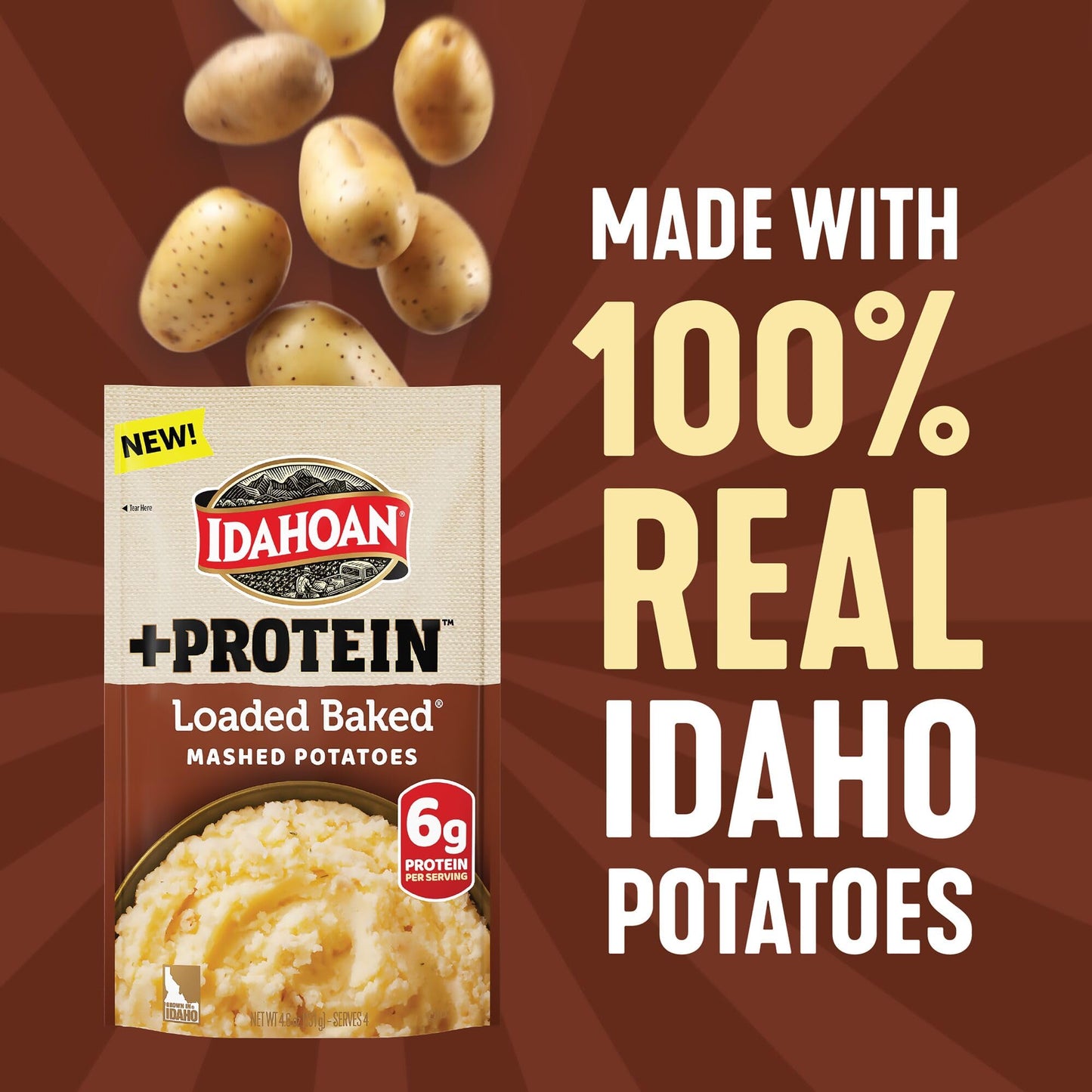 Idahoan Loaded Baked +Protein Mashed Potatoes, Naturally Gluten-Free, 100% Real Idaho Potatoes, 4 servings per bag, 4.6 ounce (P