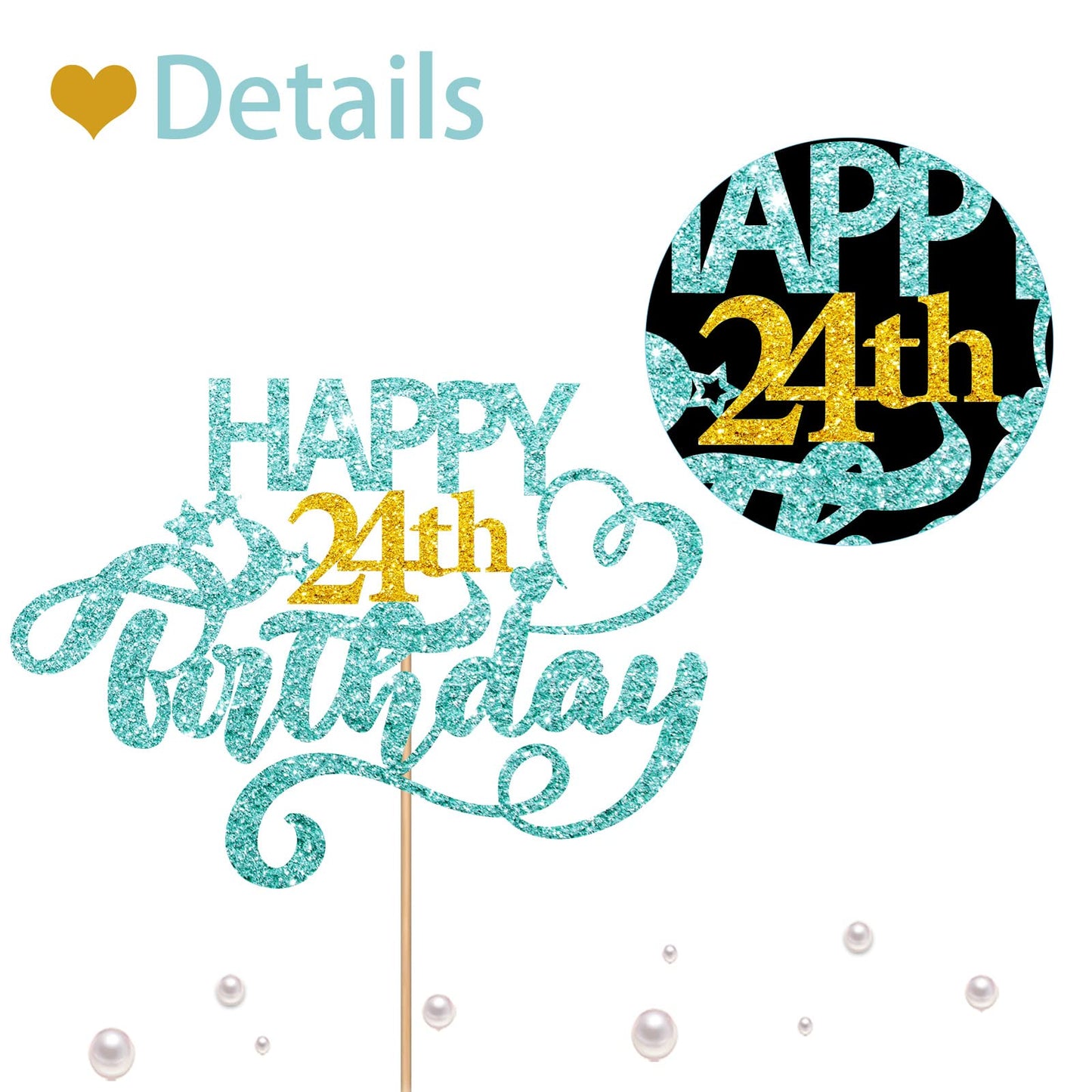 Sky Blue Glitter Happy 24Th Birthday Cake Topper, Twenty Four Years Old Birthday Party Cake Decor, Gold Number 24 Birthday Party