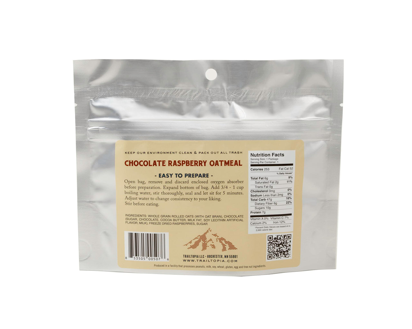 Trailtopia Raspberry Chocolate Oatmeal Nutrient-Packed Breakfast For Camping And Hiking | Vegan, Gluten-Free, Freeze-Dried Backp