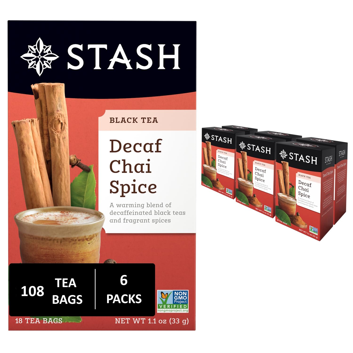 Stash Decaf Chai Spice Black Tea - Non-GMO, 18 Count (Pack of 6), 108 Bags Total