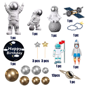 28 Pieces Astronaut Space Cake Toppers Outer Space Astronaut Figurines Planet Rocket Satellite Pearl Balls And Stars Kids Space
