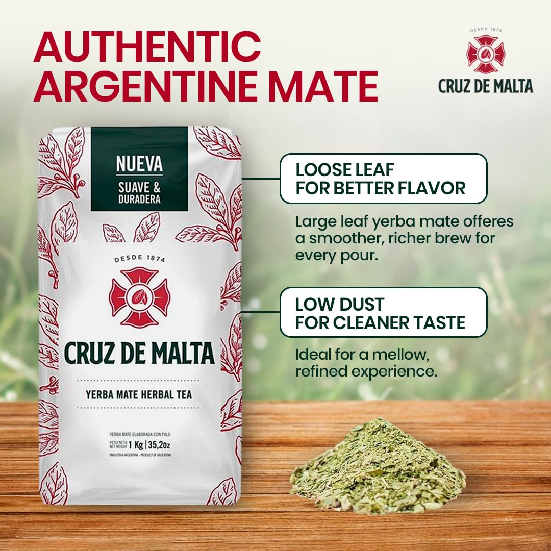 Cruz de Malta Yerba Mate Tea - 1kg (2.2 lbs) Loose Leaf - Traditional Argentine Herbal Tea - Smooth Flavor, Naturally Sourced -