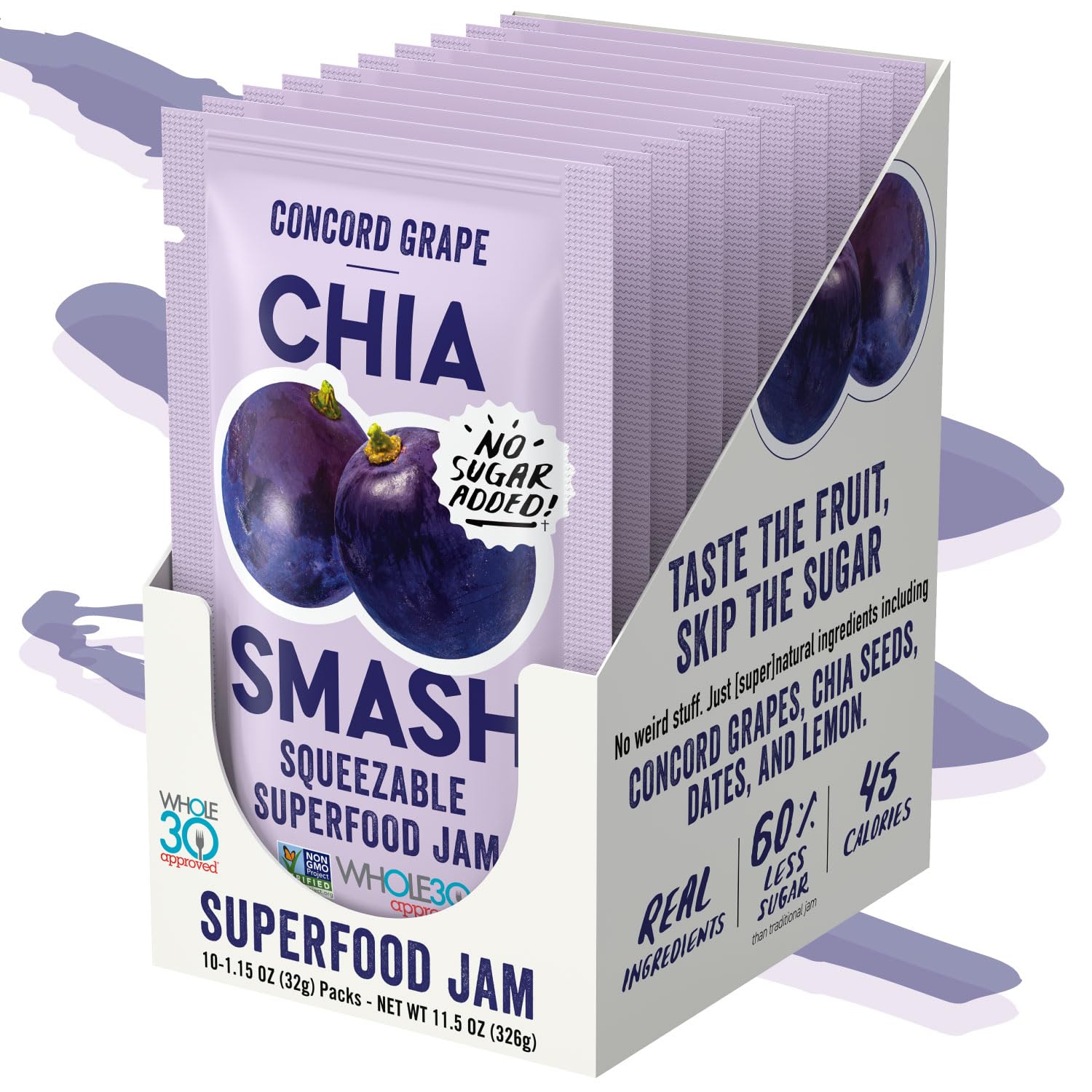Chia Smash Concord Grape Jam Squeeze Packets | Natural, Keto & No Sugar Added | Vegan & Upcycled Fruit Spread | Low-Calorie, Sup
