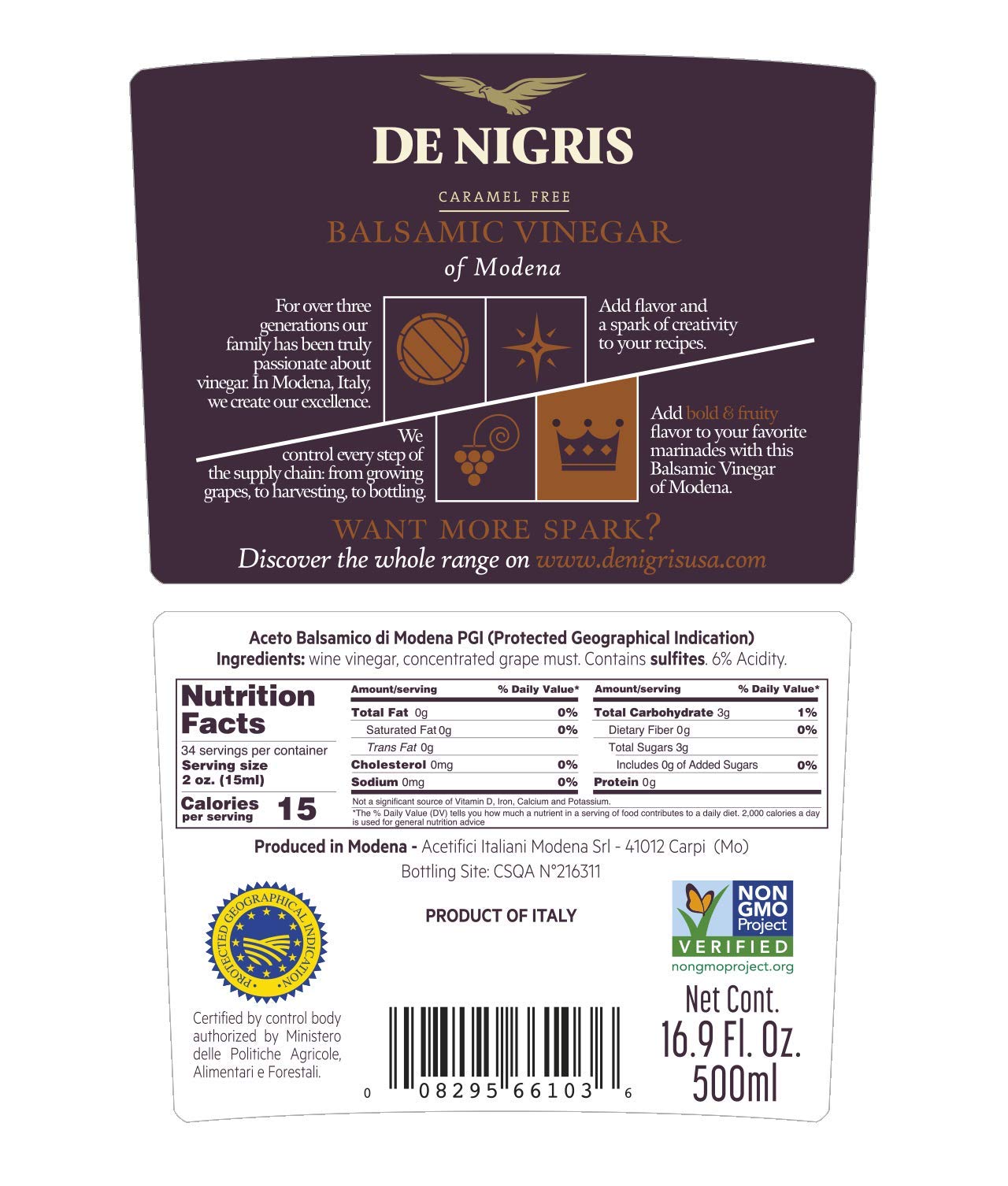 De Nigris Balsamic Vinegar, Bronze Eagle, 35% Grape Must, 16.9 Oz