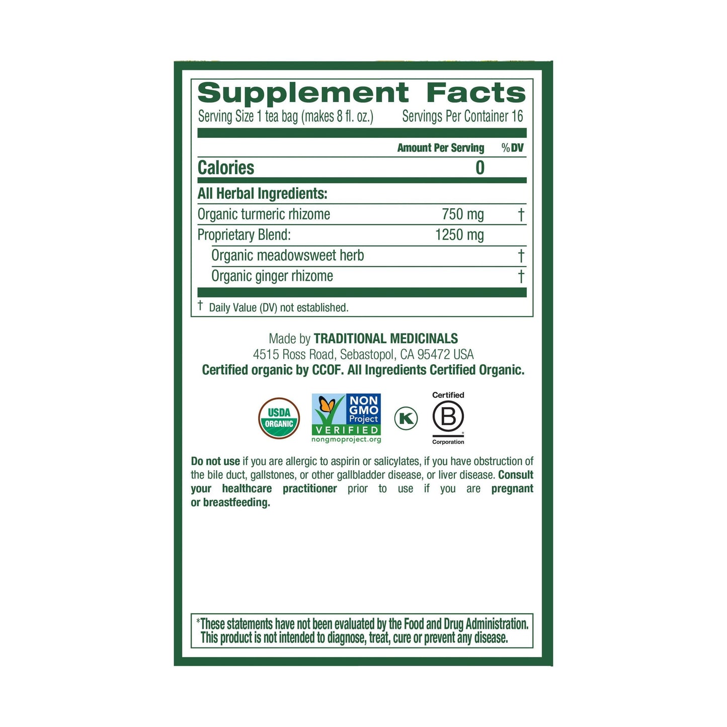 Traditional Medicinals Organic Turmeric w/ Meadowsweet & Ginger Herbal. Tea, 16 Tea Bags