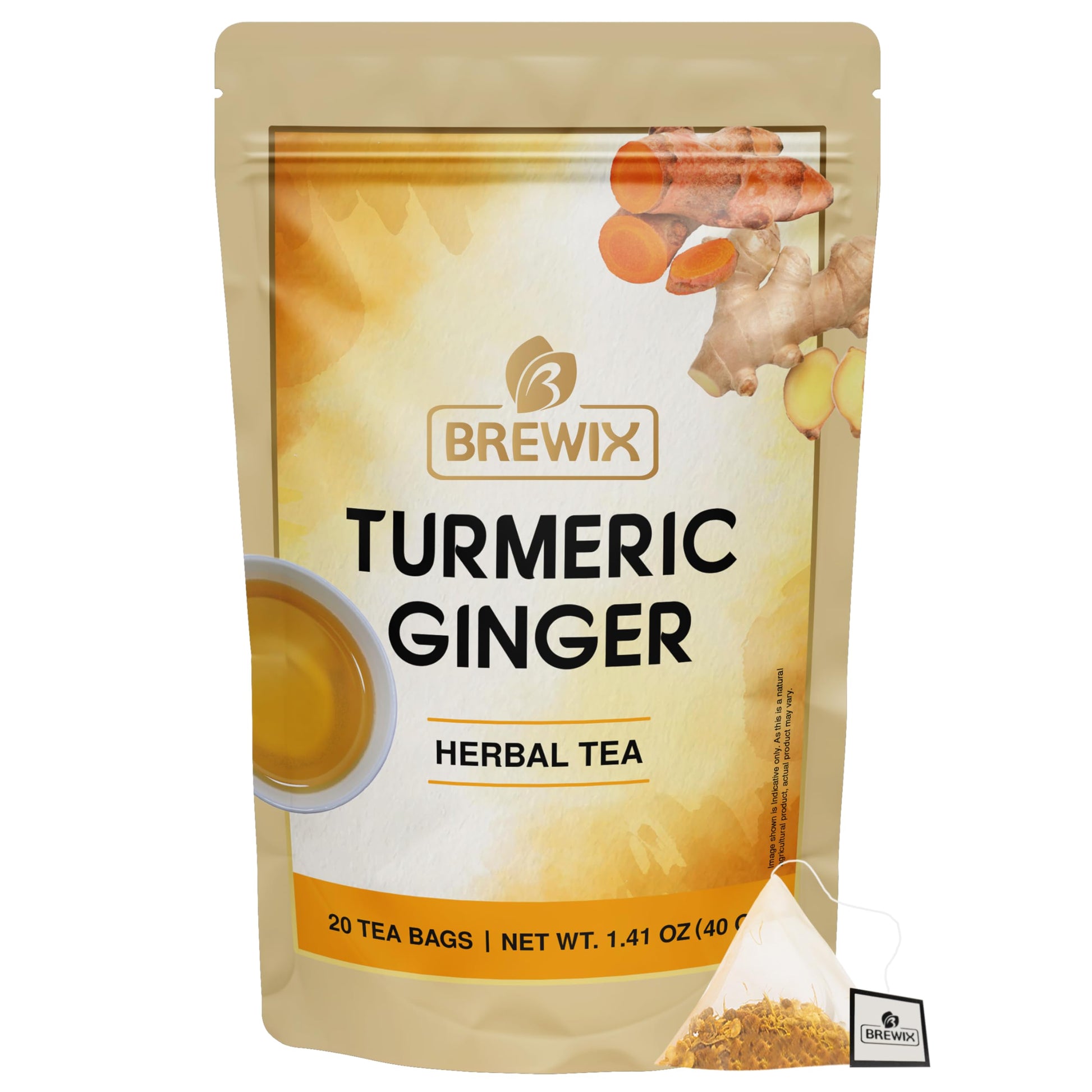 BREWIX Turmeric Ginger Herbal Tea Bags - 20 Pyramid Bags, Naturally Caffeine Free, Pure Herbal Blend, Resealable Ziplock Pouch