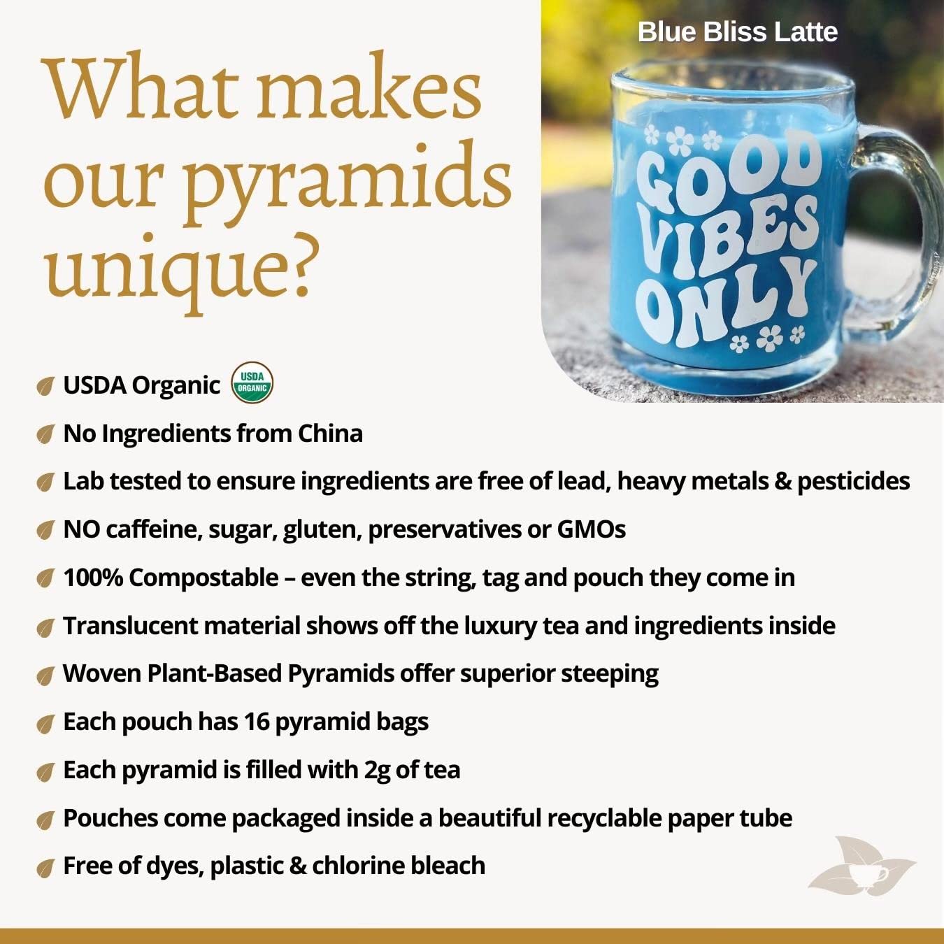 DelighTeas Organic Butterfly Pea Flower Tea with Ginger & Lemongrass, 16 Pyramid Tea Bags, USDA Organic, Vegan, Caffeine Free