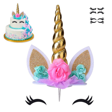 Coonoe, Unicorn Cake Topper,Handmade Party Cake Decoration Supplies With Eyelashes And Stack,Reuasble Gold Horn For Birthday Par