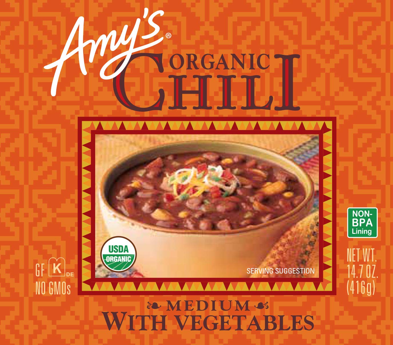 Amy'S, Chili, Gluten Free, Vegetarian, Vegetable, Organic, Medium Spice, Jalapeño Pepper, 14.7 Oz, Pack Of 12