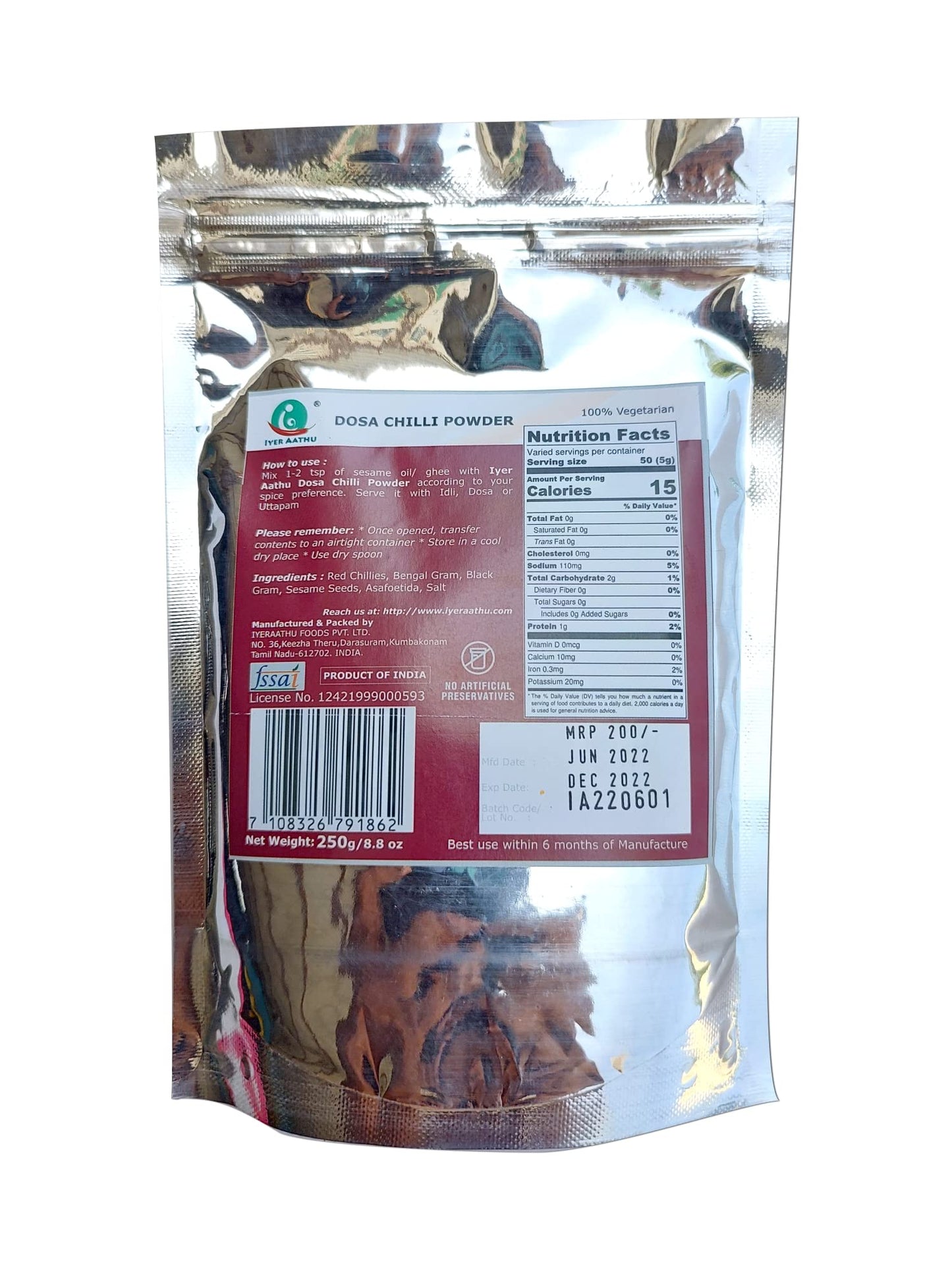 Iyer Aathu Dosa Chilli Powder/Idly Chutney Powder 250 Grams (Traditional Spicy)