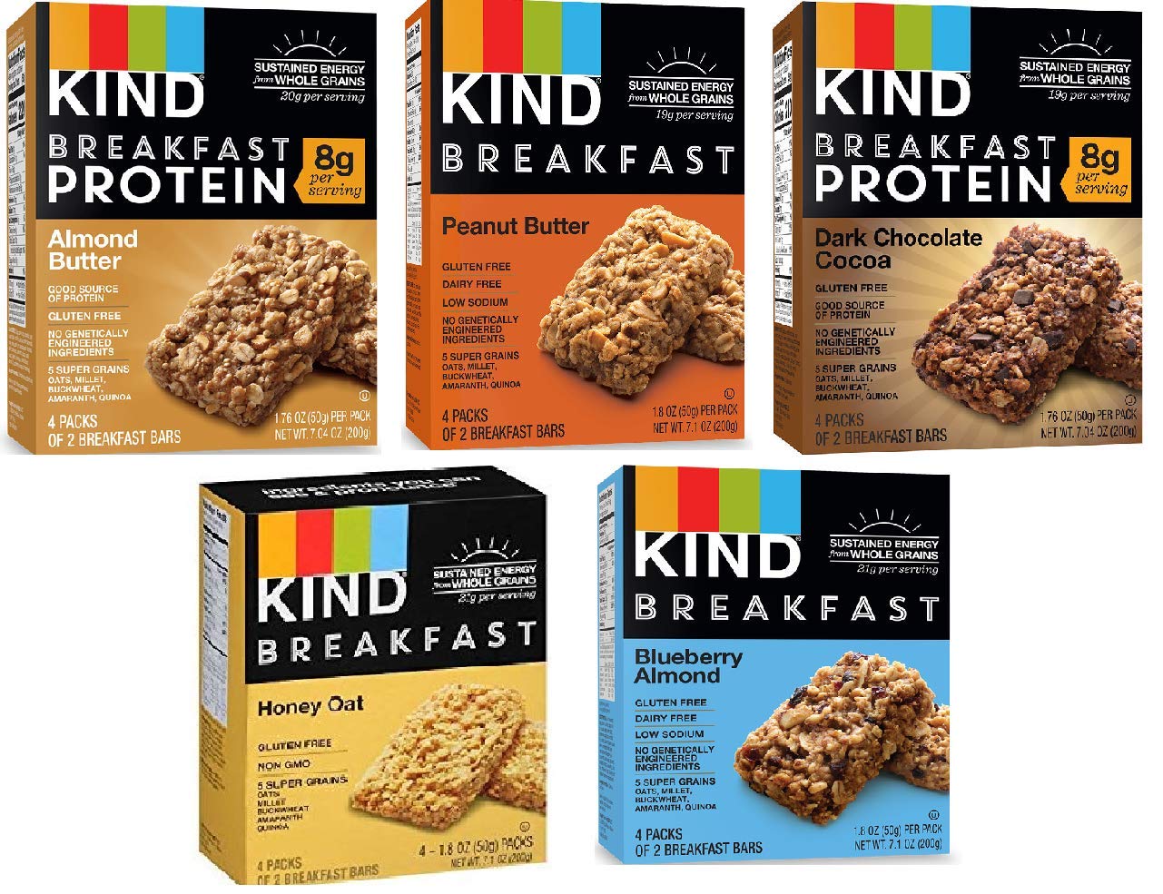 Generic Kind Breakfast Bars Variety Pack - 5 Piece Assortment, Includes Dark Chocolate, Honey Oat, Peanut Butter, Almond Butter