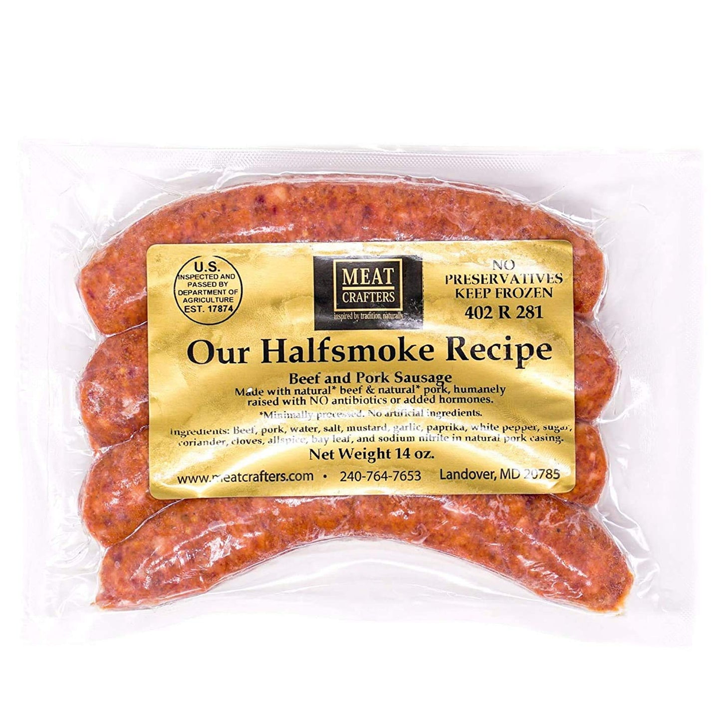 MeatCrafters Half Smoke Recipe Beef & Pork Sausage, Minimally Processed, No Artificial Ingredients, 14oz (4-Pack, 16 Total Links