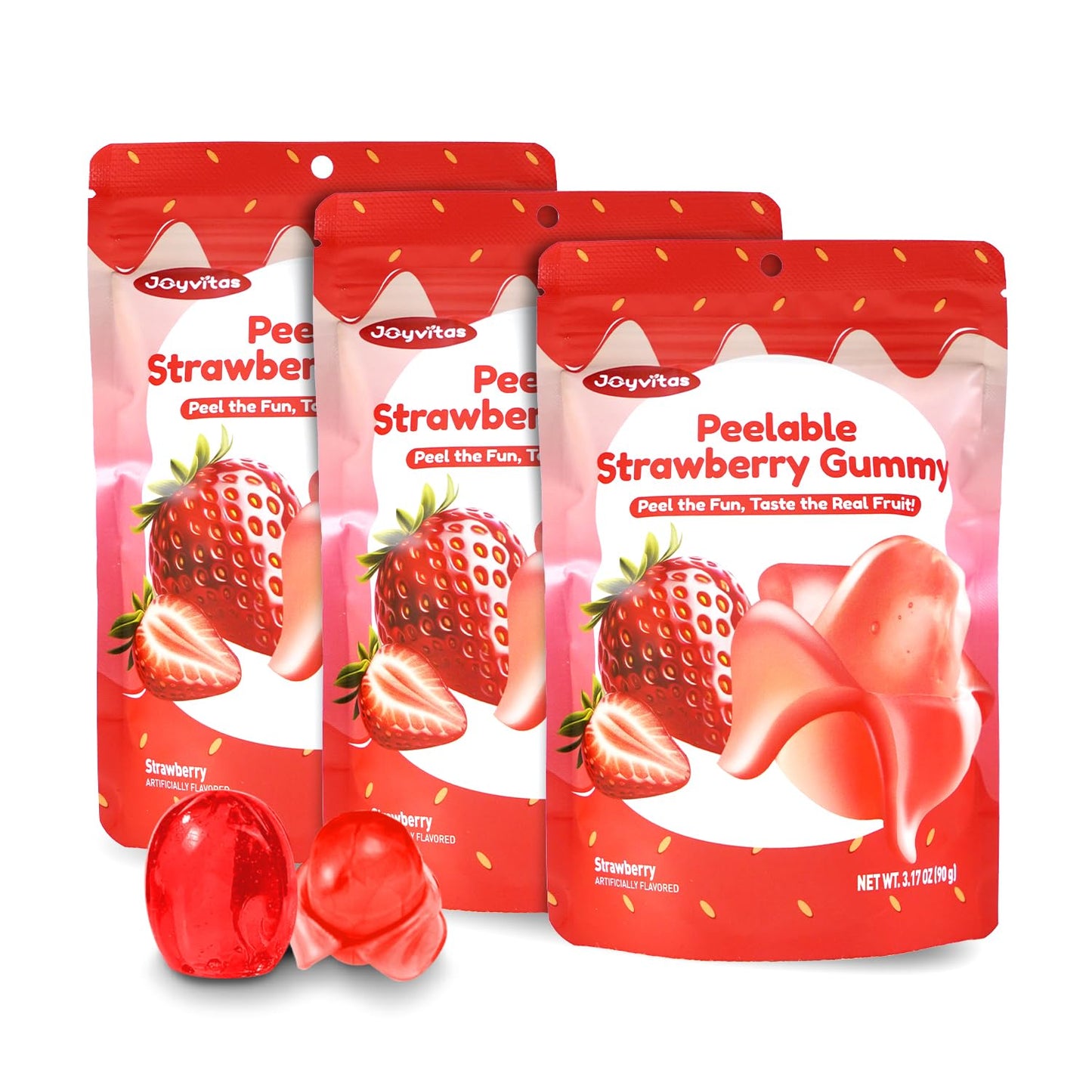Joyvitas Peelable Gummy Strawberry Candy – Low Sugar, Individually Wrapped, 3 Pack (9.53oz) – Perfect for Stocking Stuffers