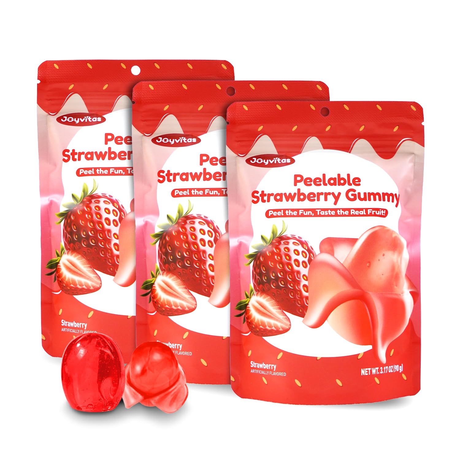 Joyvitas Peelable Gummy Strawberry Candy – Low Sugar, Individually Wrapped, 3 Pack (9.53oz) – Perfect for Stocking Stuffers