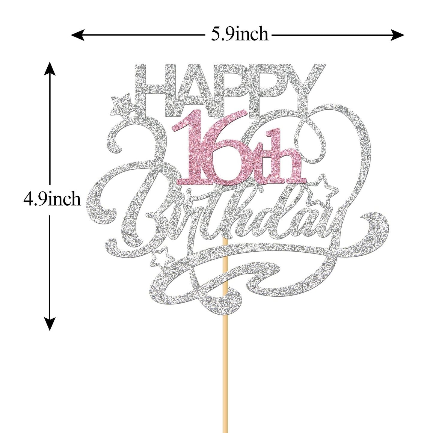 Monmon & Craft Happy 16Th Birthday Cake Topper/Cheers To 16 Years/Teenager Girls 16Th Birthday Party Decor Supplies - Silver & P