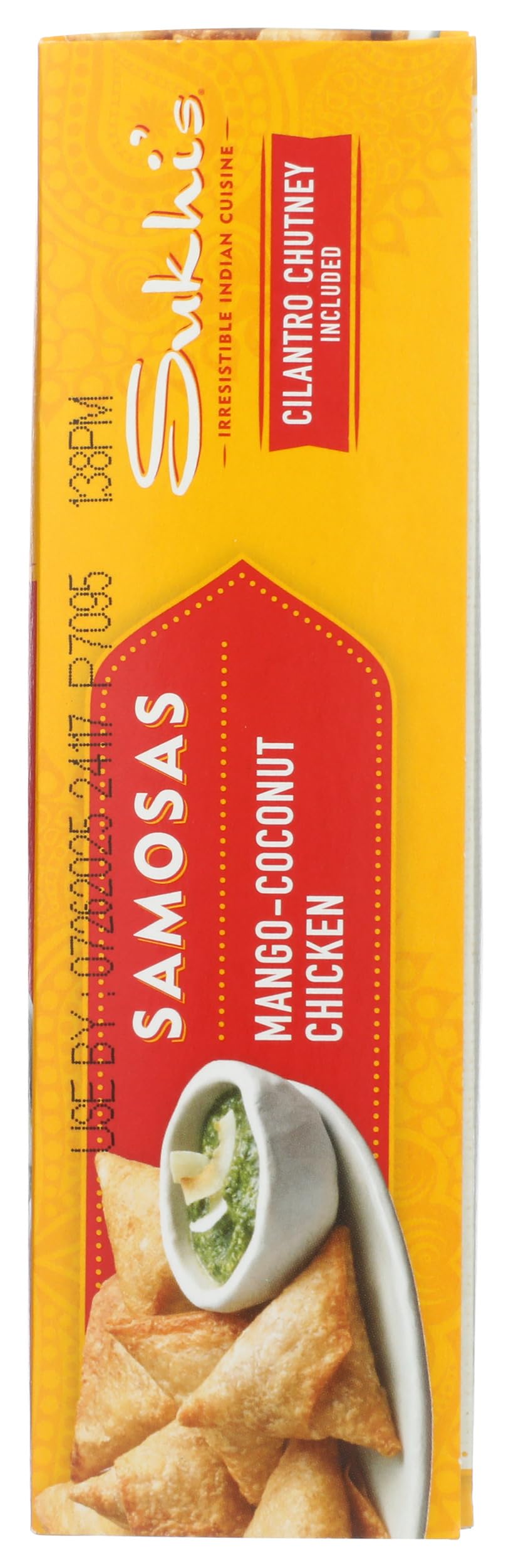 Sukhis Indian Mango Coconut Chicken Samosa Frozen Appetizer Snack with Cilantro Chutney Dipping Sauce 10oz