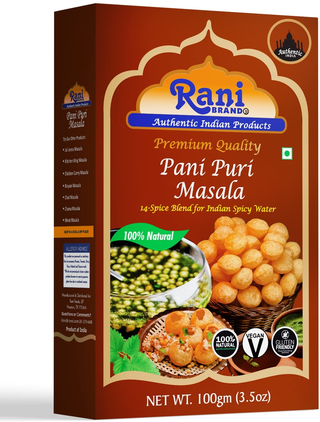 Rani Pani Puri Masala (14-Spice Blend for Indian Spicy Water) 3.5oz (100g) ~ All Natural | Vegan | No Colors | Gluten Friendly |