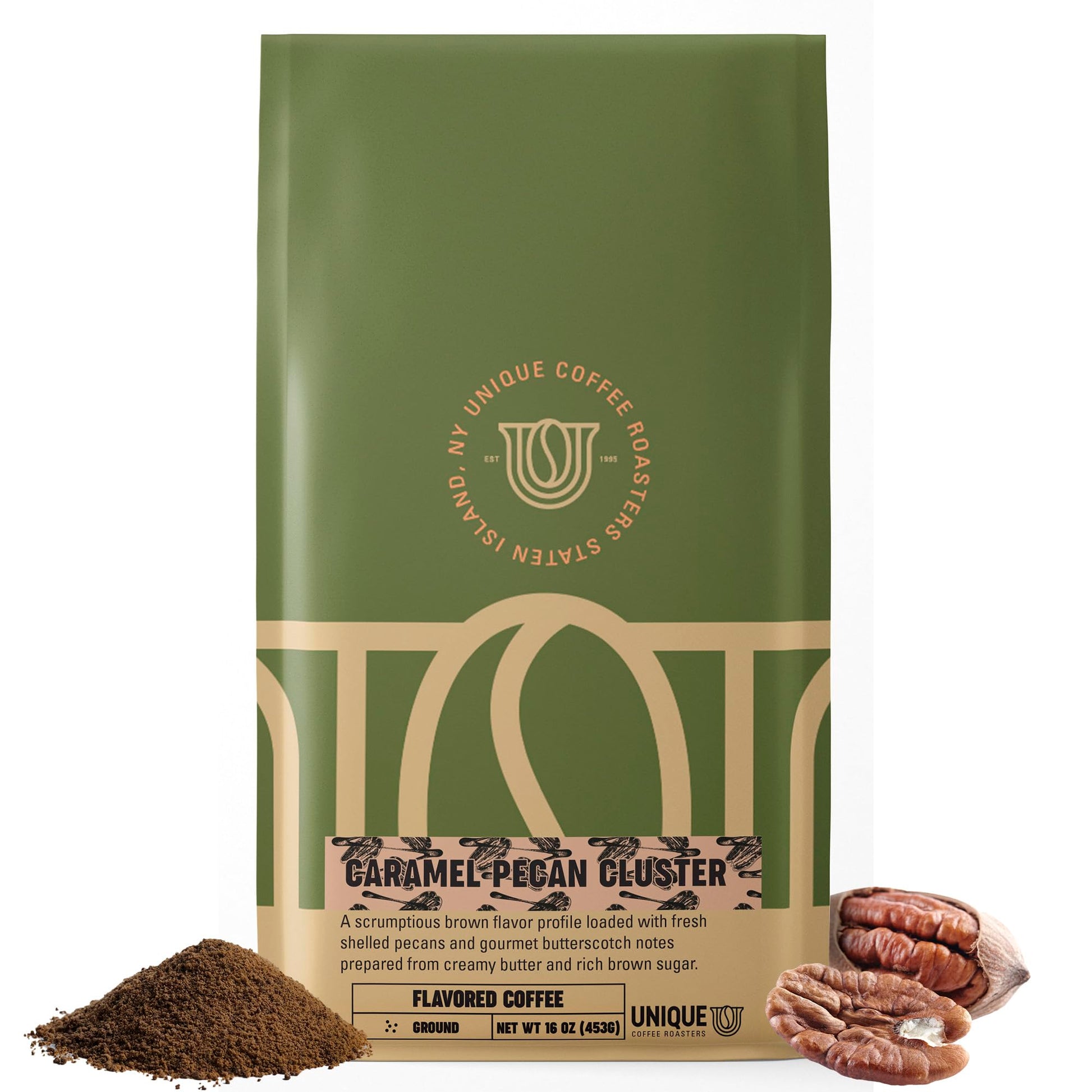 Caramel Pecan Flavored Ground Coffee, 1 LB (16 oz) bag, Medium Roast, 100% Arabica enhanced Quality Flavor