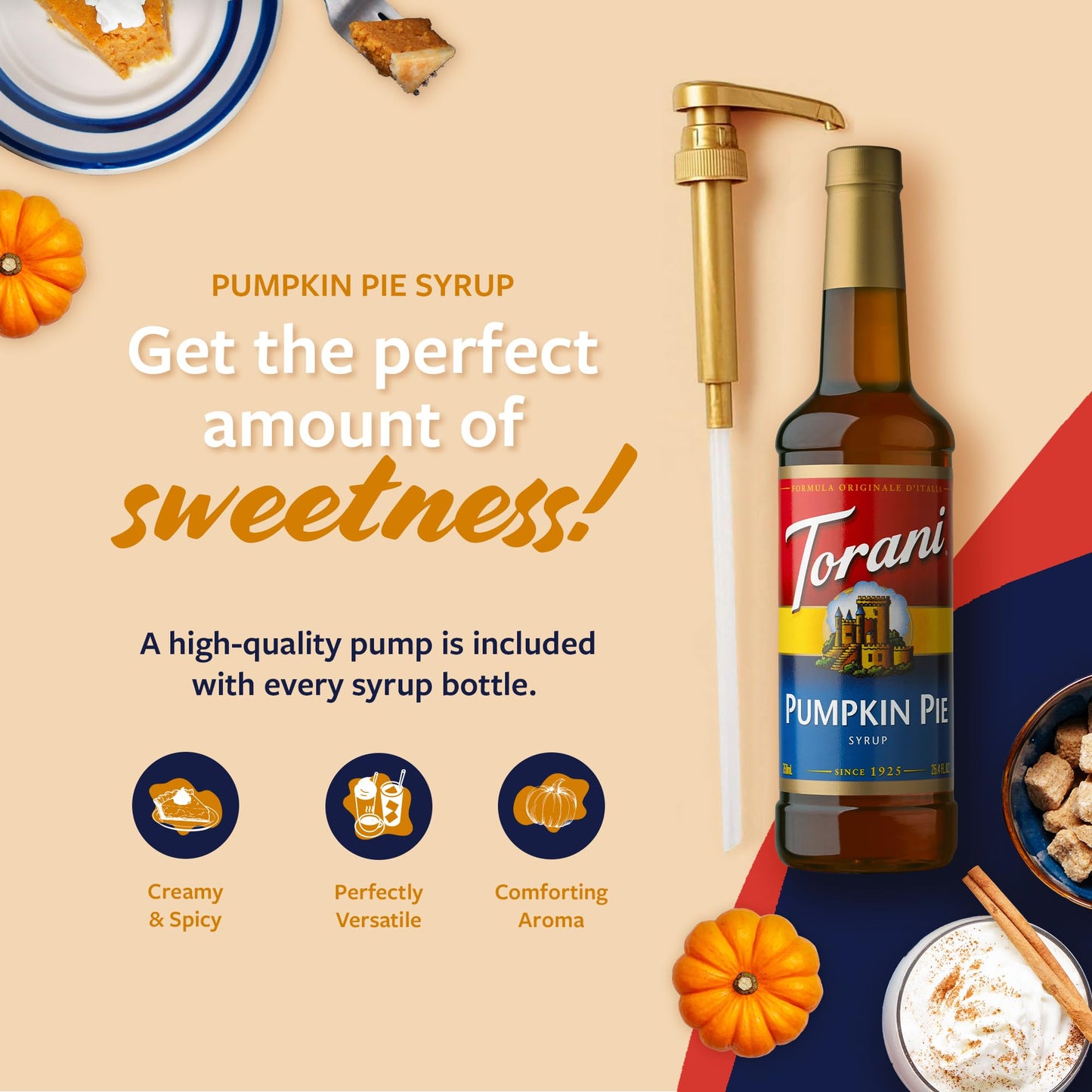 Torani Coffee Syrup, Pumpkin Pie Flavor, 25.4 Fl Oz, Pump Included