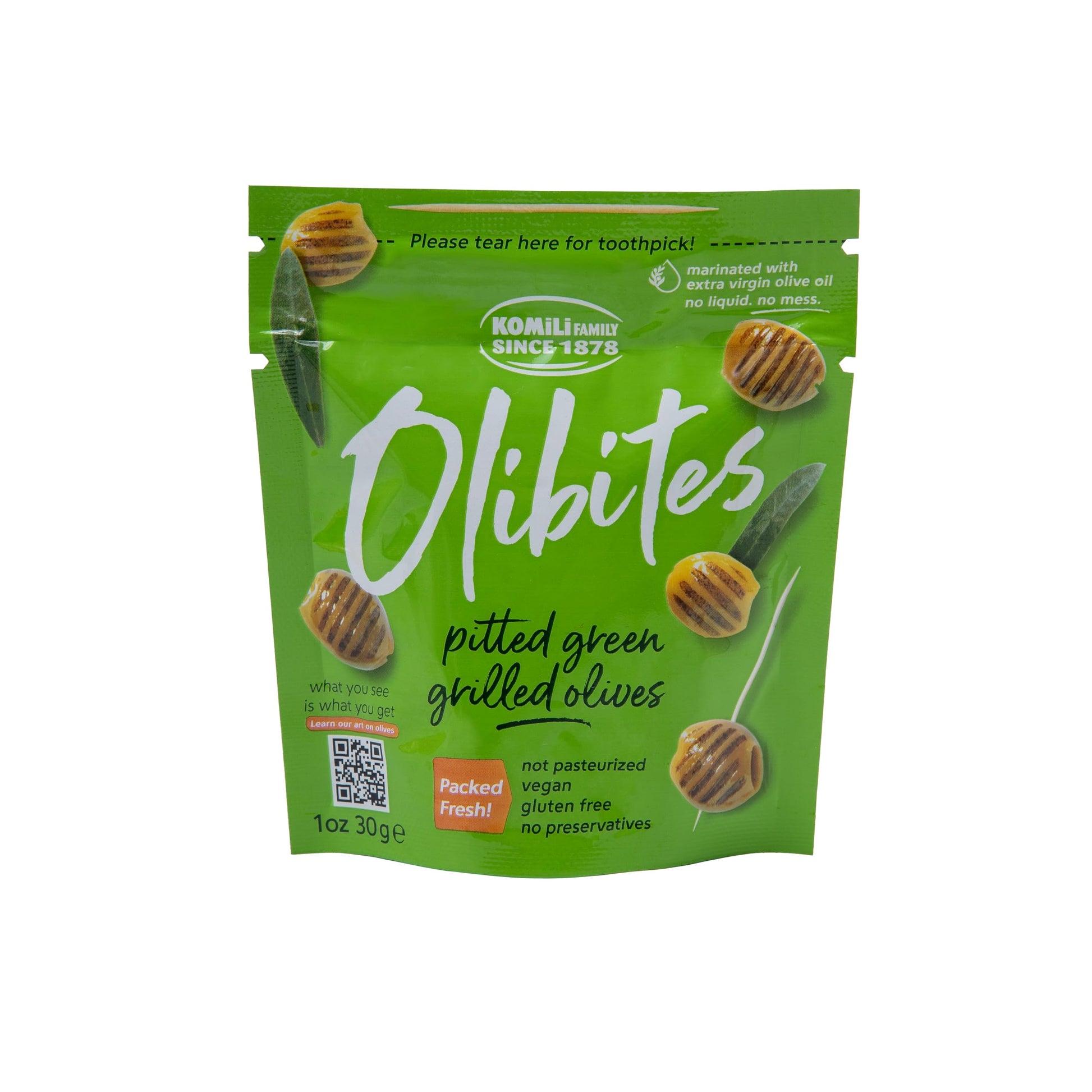 Olibites Pitted Green Grilled Olives, Antioxidant-Rich, Vegan, Gluten Free, 1 oz, Pack of 10