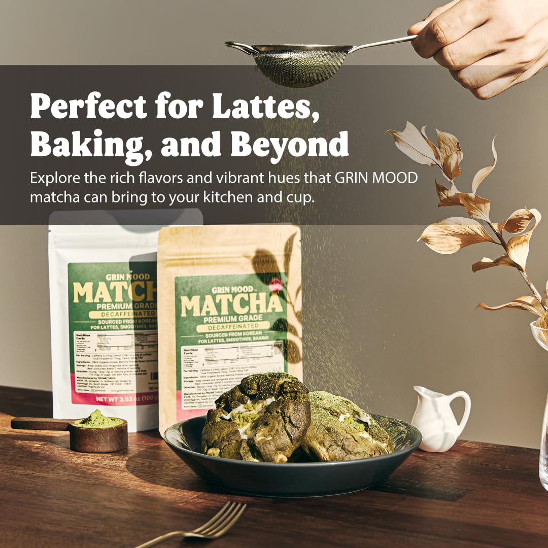Grin Mood Matcha Powder - Organic Green Tea Powder - Decaffeinated Green Tea, Authentic Korean Matcha, Halal (3.53Oz, Enhanced Grade)