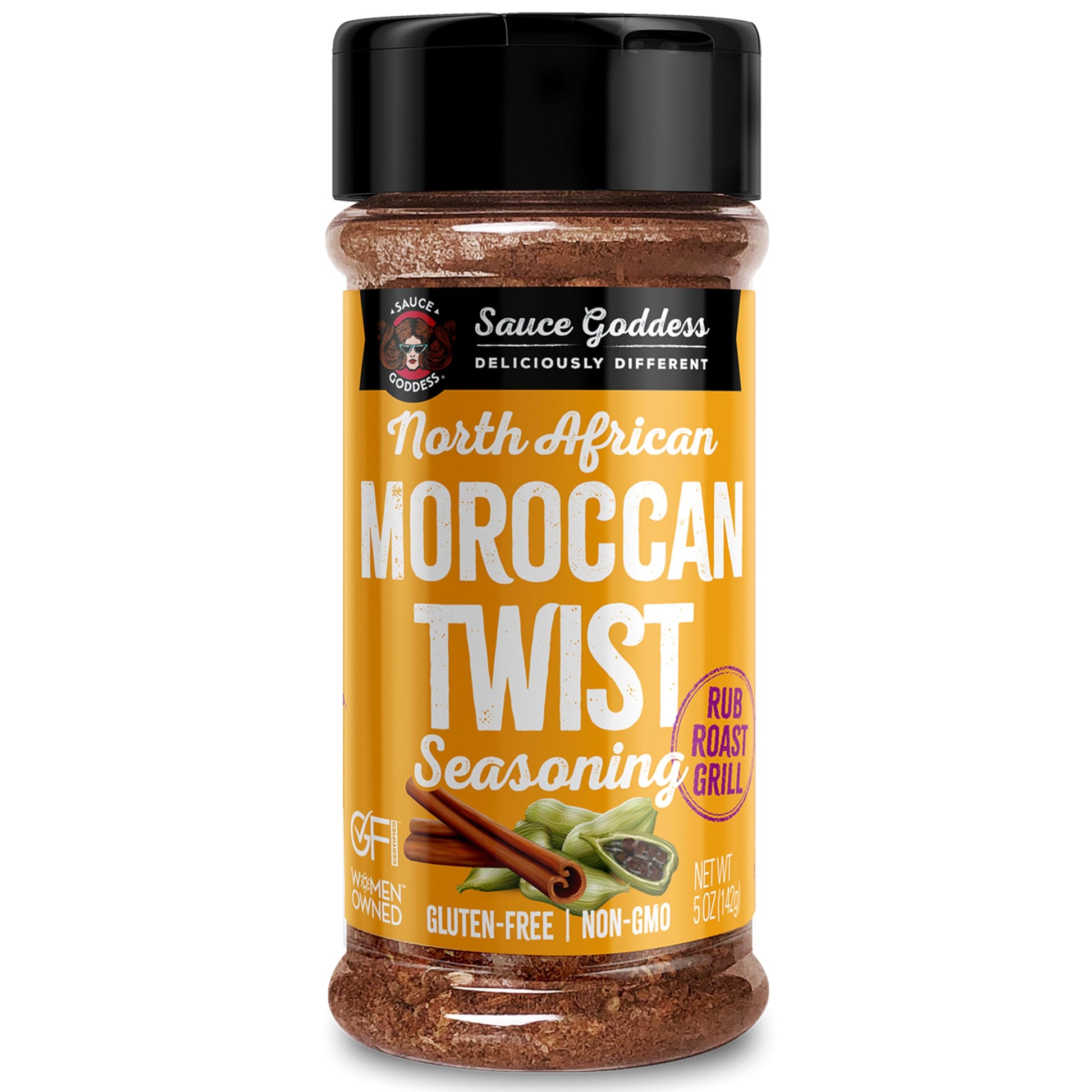Sauce Goddess Moroccan Twist Spice Shaker, Exotic Blend with Cardamom & Cinnamon, Gluten-Free, Low Sodium, 5oz